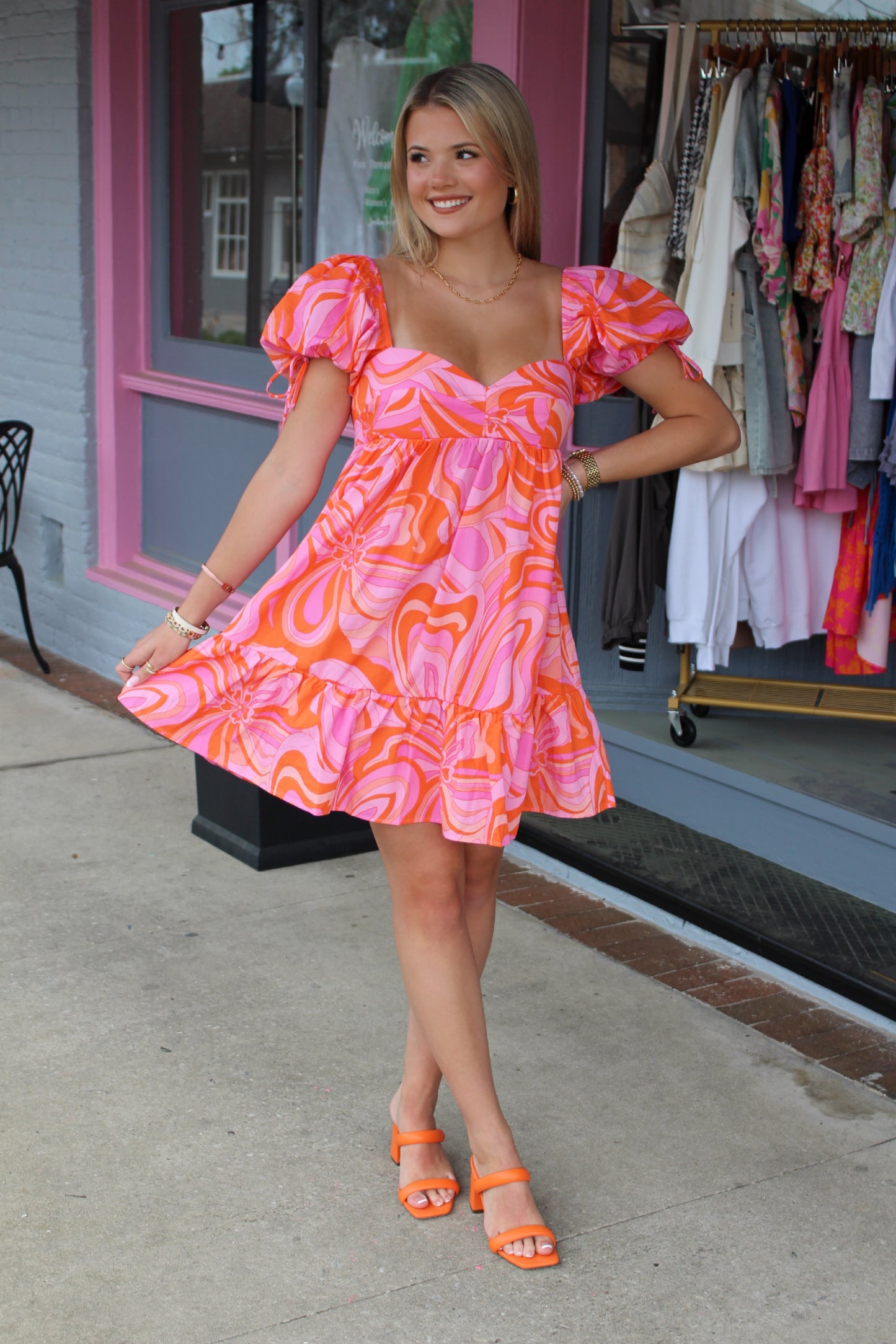 Full Of Color Vibrant Puff Sleeve Dress- Pink/Orange