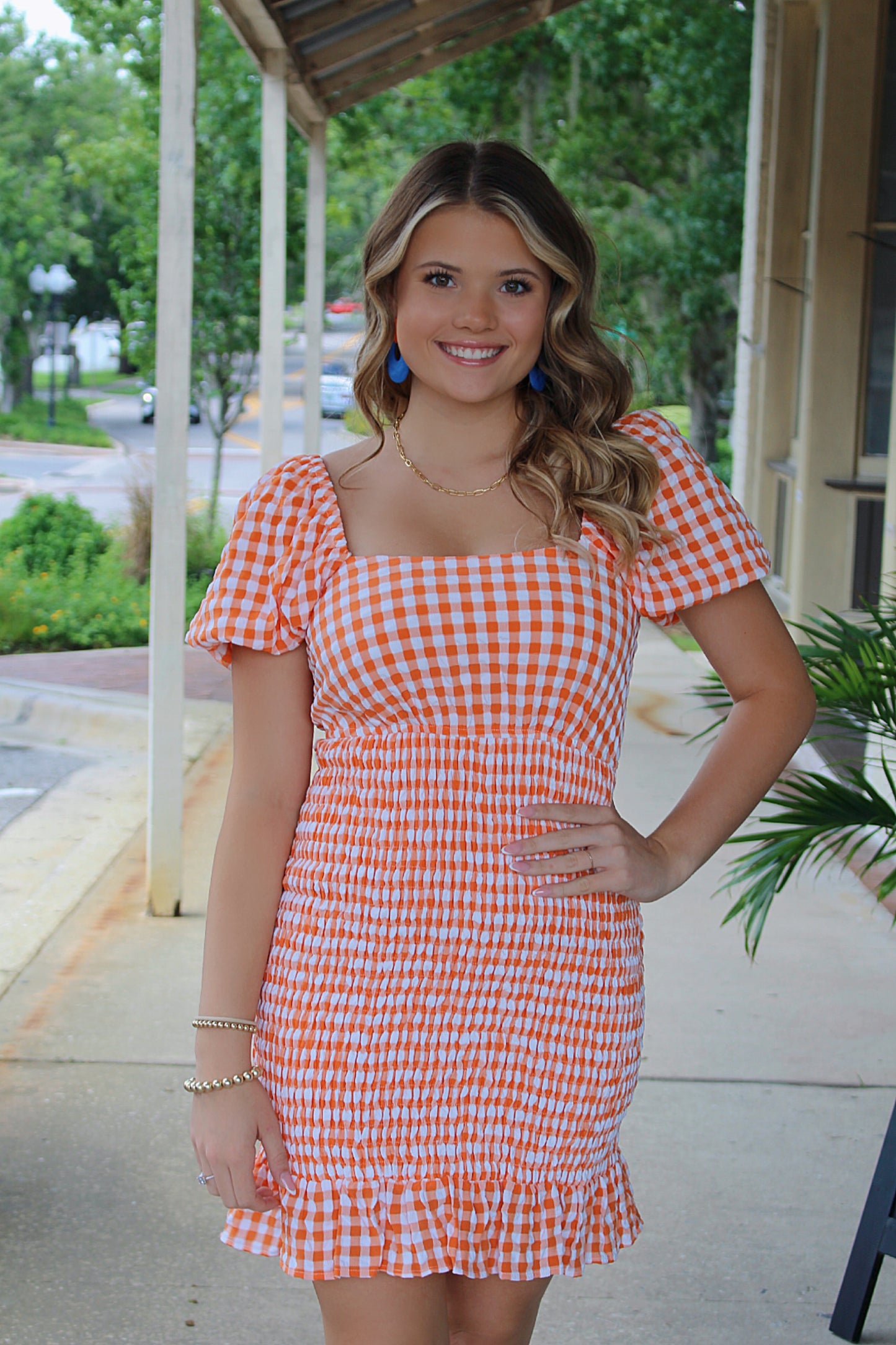 Out n' About Gingham Dress- Orange