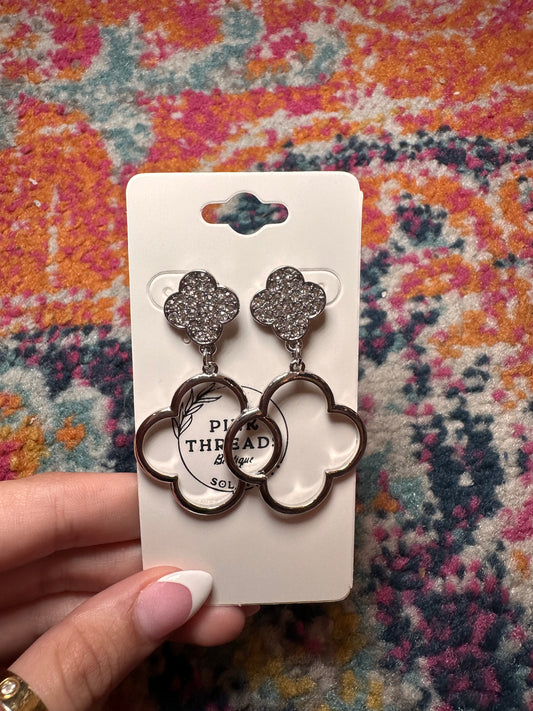 Double Flower Dangle Earring- Silver