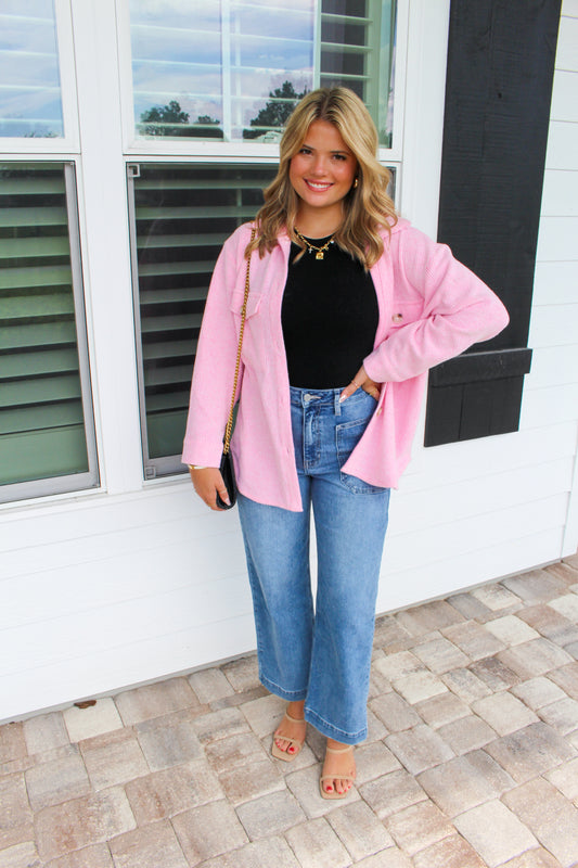 Button Down Cozy Waffle Oversized Shacket- Pink