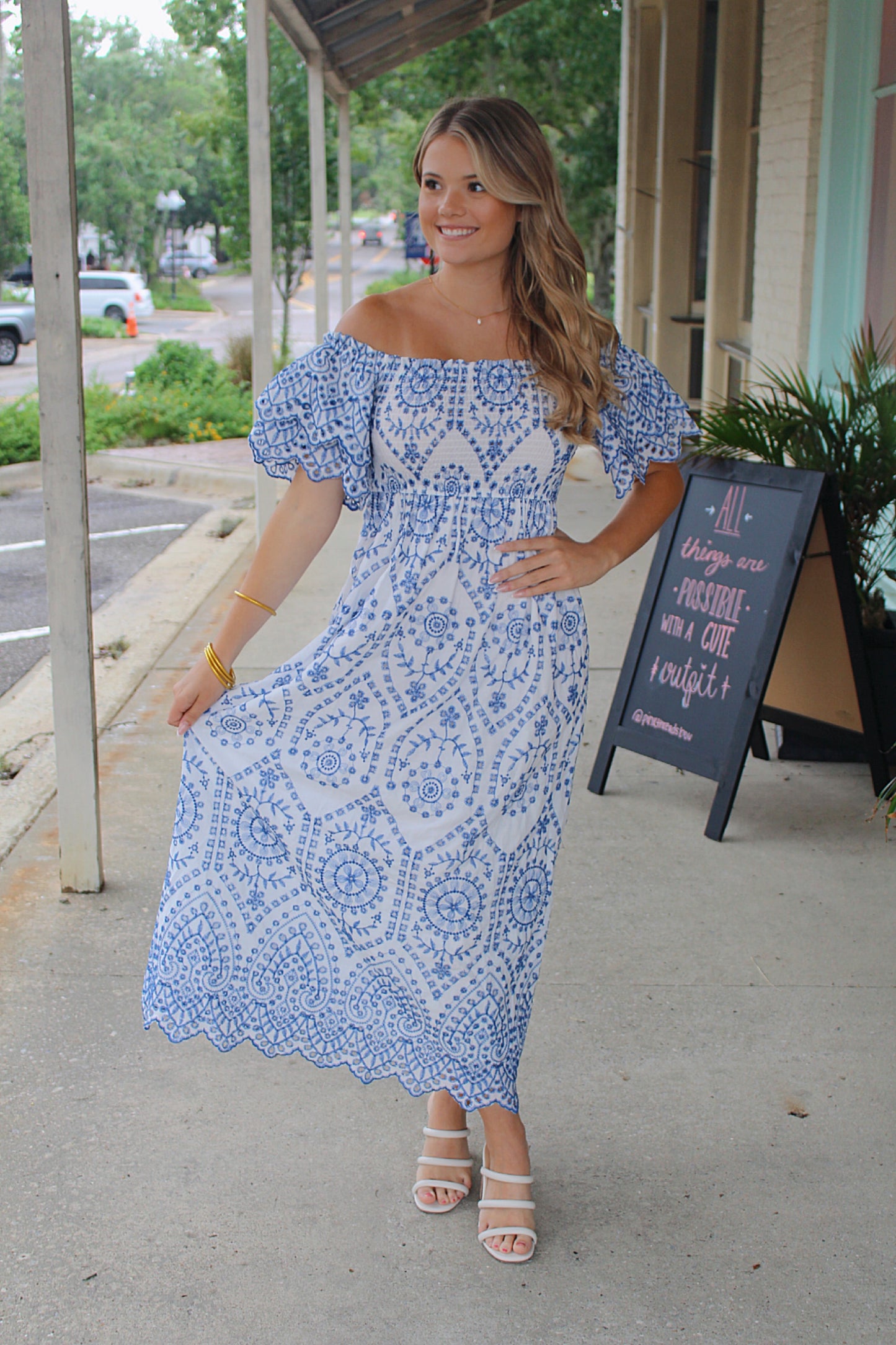 Lola Embroidered Dress- Blue/White