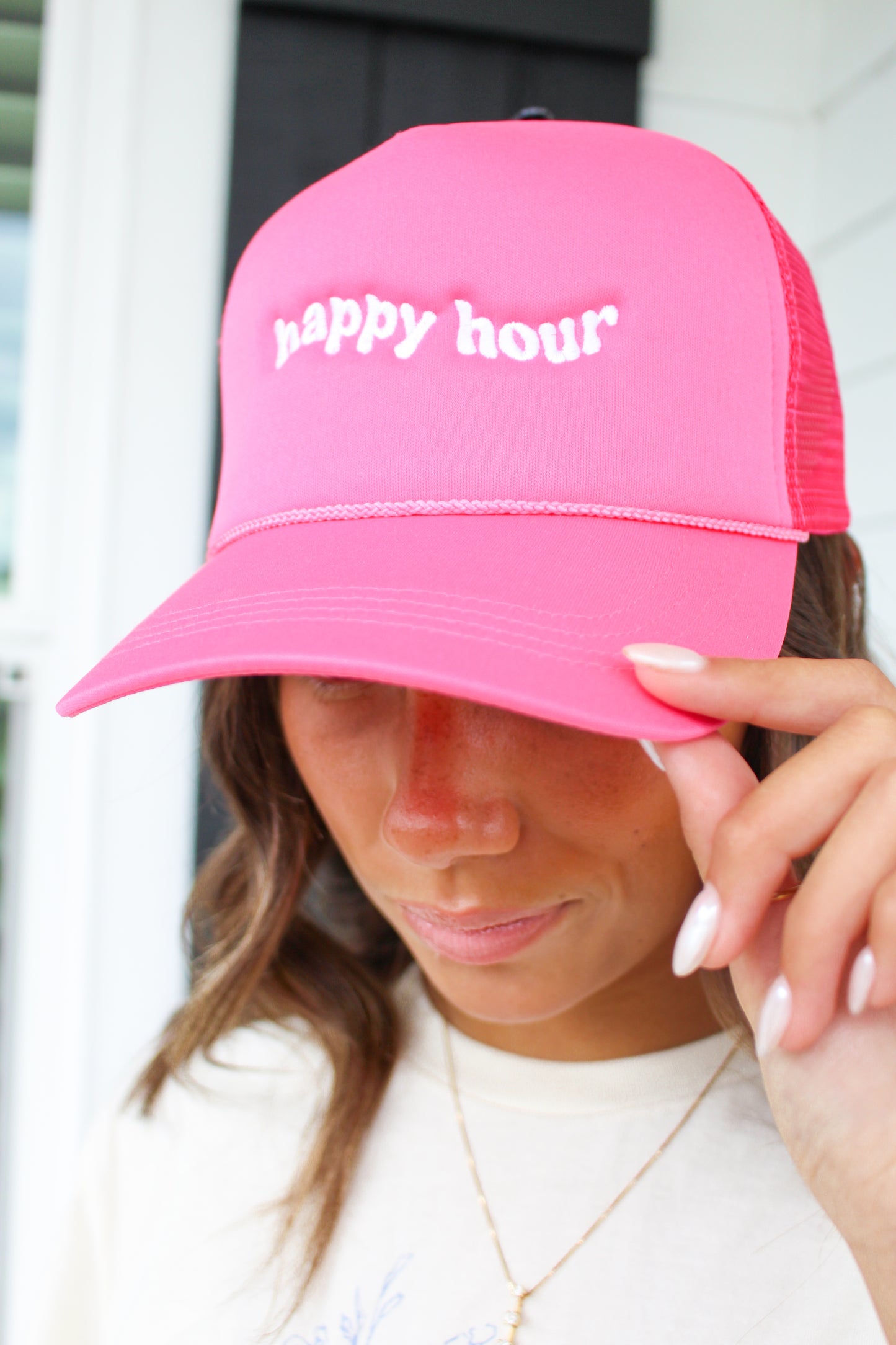 Happy Hour Trucker Hat- Hot Pink