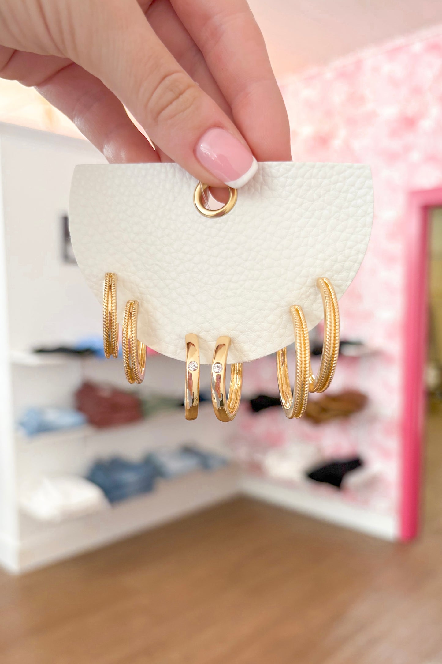 Flat Textured Hoop Earrings Set- Gold