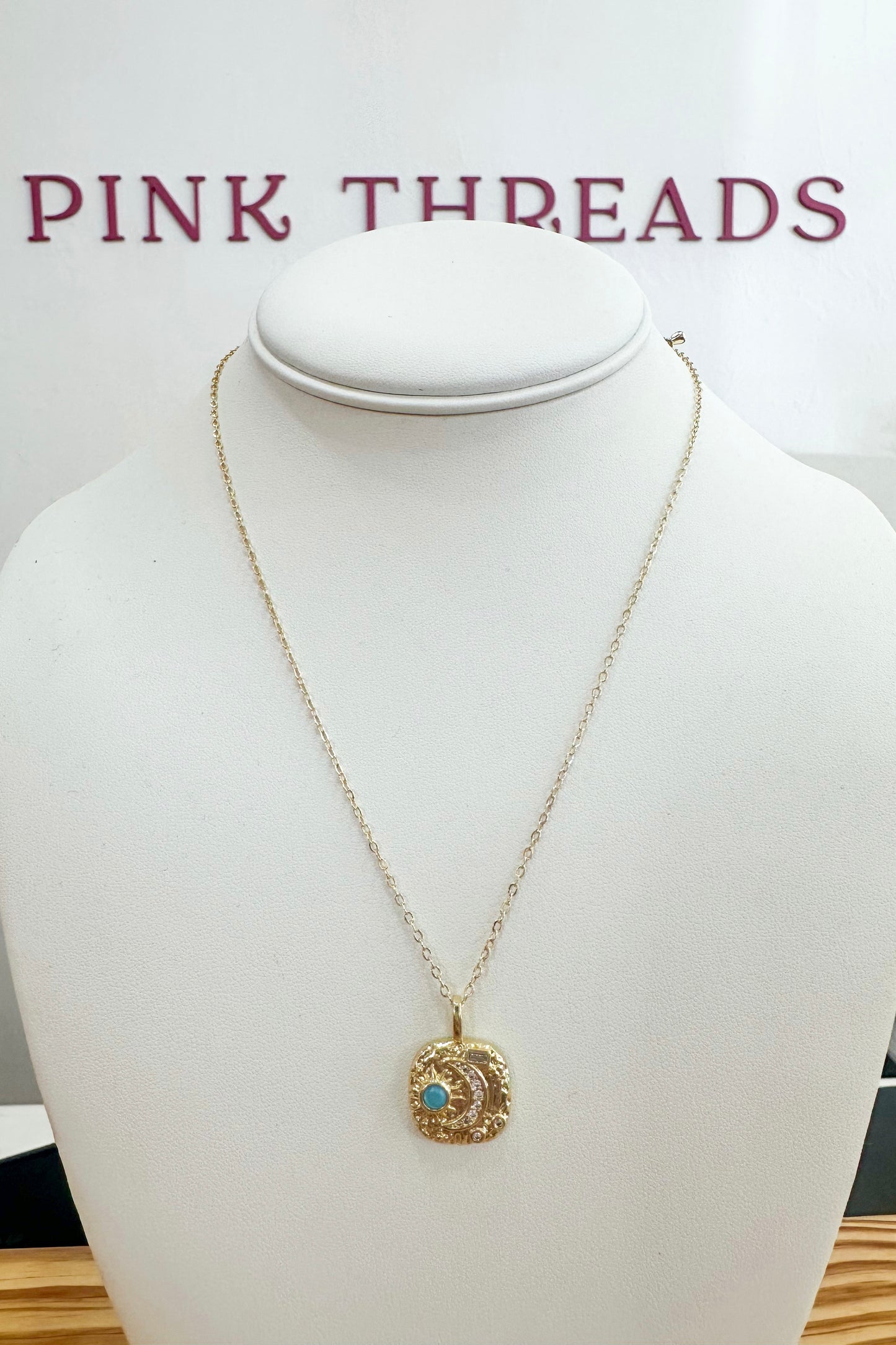 Klassy Rounds Teal Sun & Moon Necklace- Gold