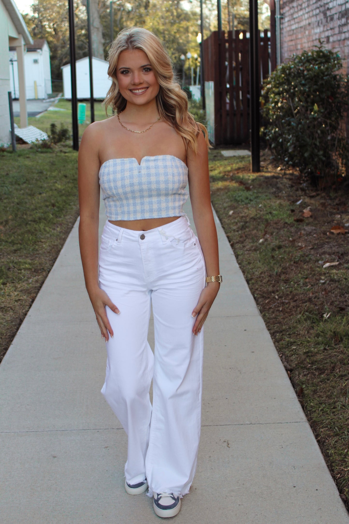 Terry Gingham Strapless Top- Blue/White