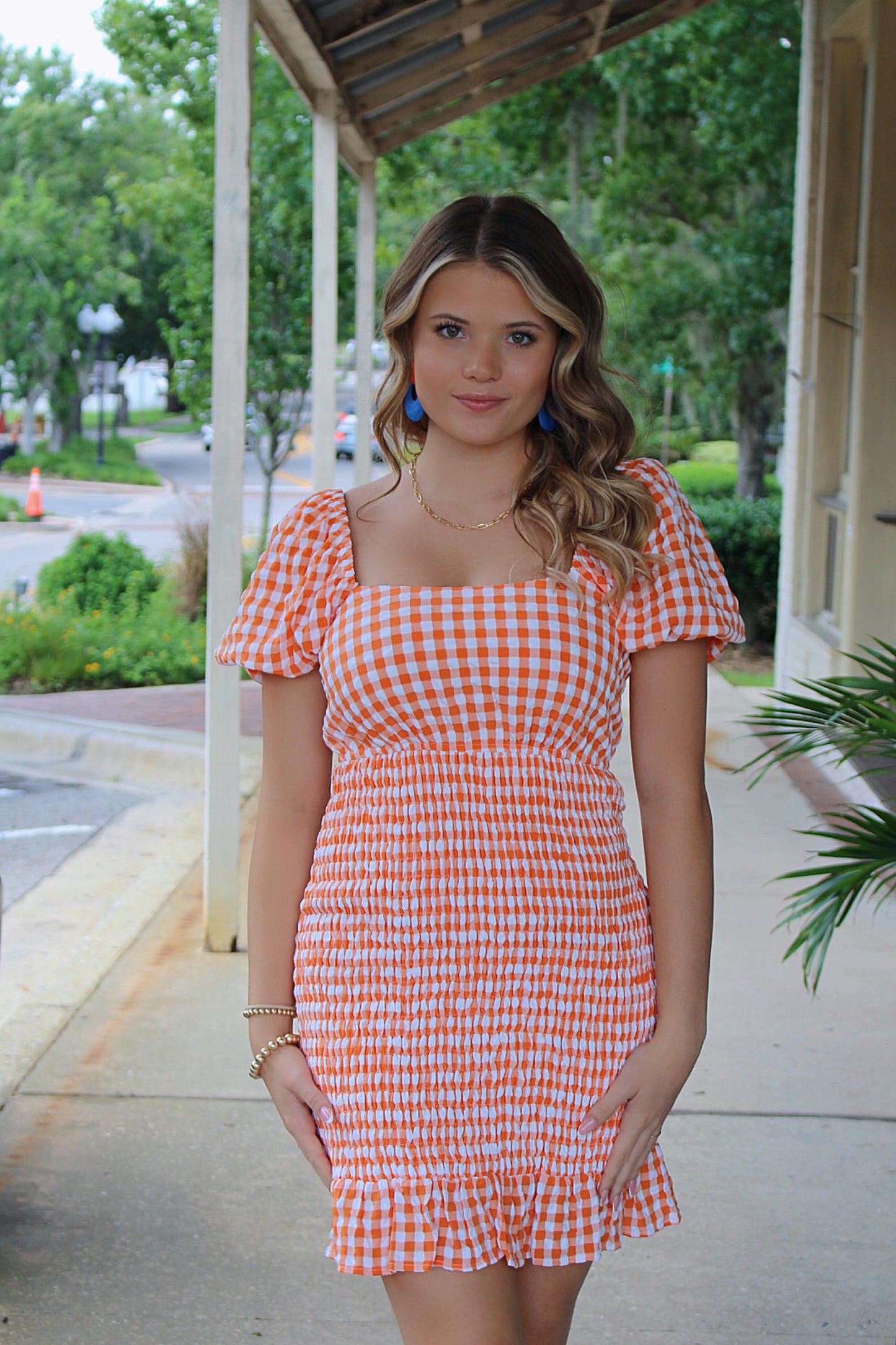 Out n' About Gingham Dress- Orange