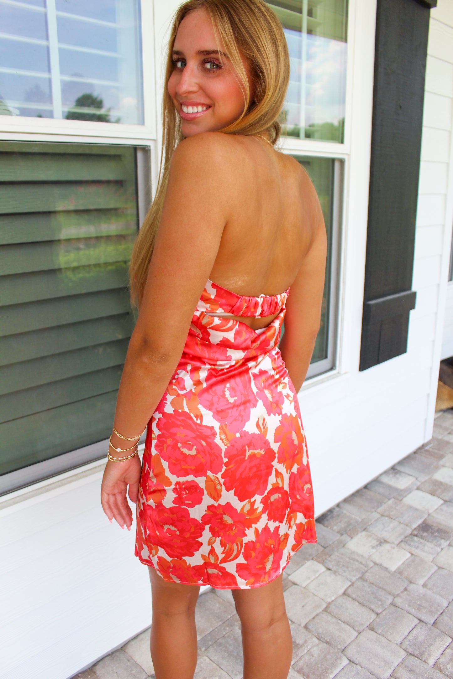 Sunset Girl Floral Print Strapless Dress- Red