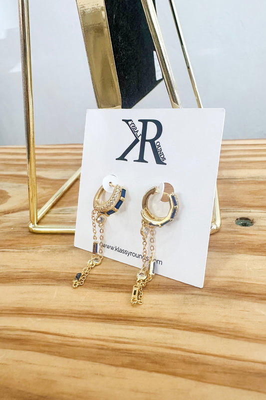 Klassy Rounds Navy and Diamond Drop Earrings- Gold