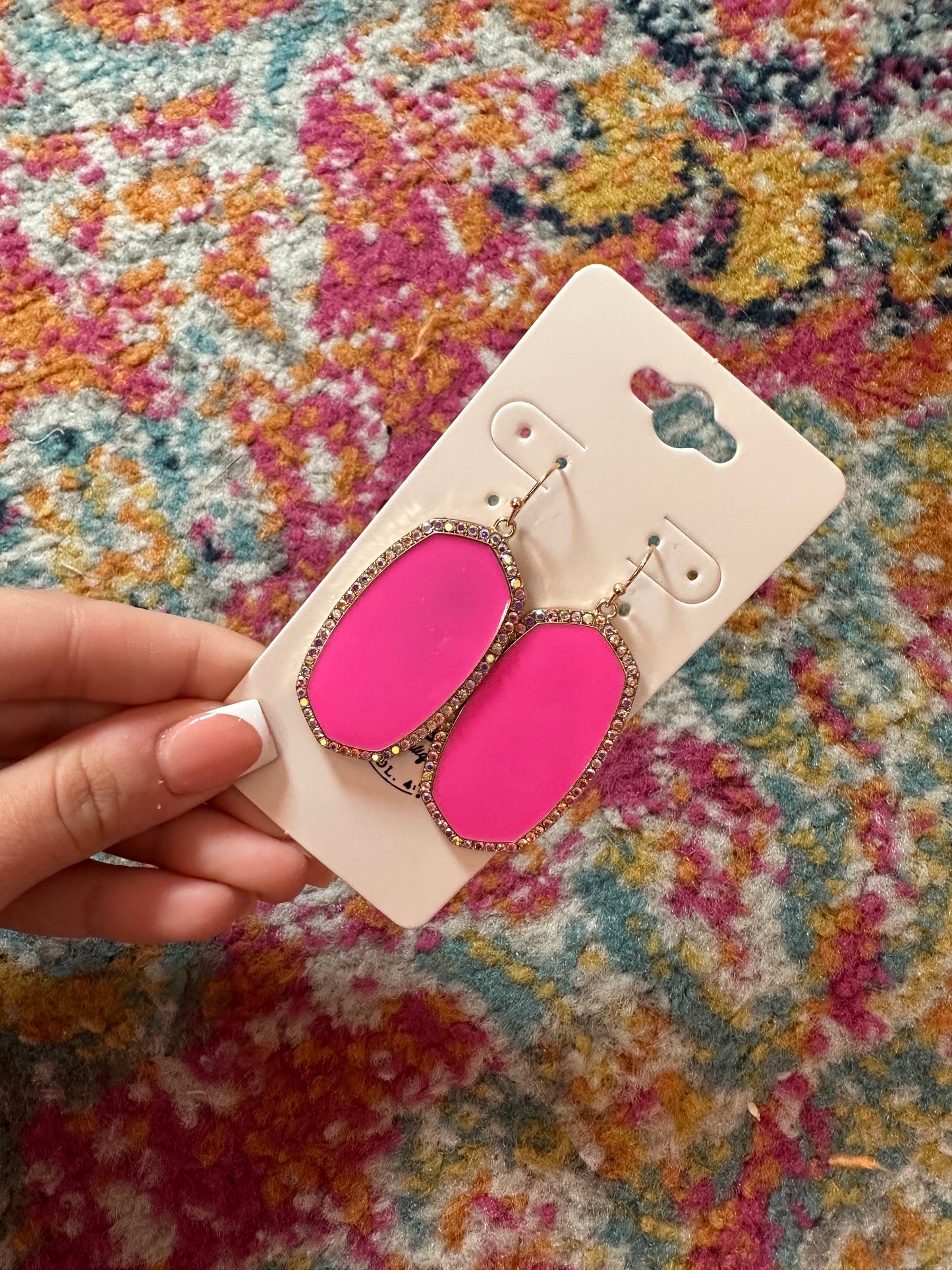 Rhinestone Oval Shape Earring- Pink