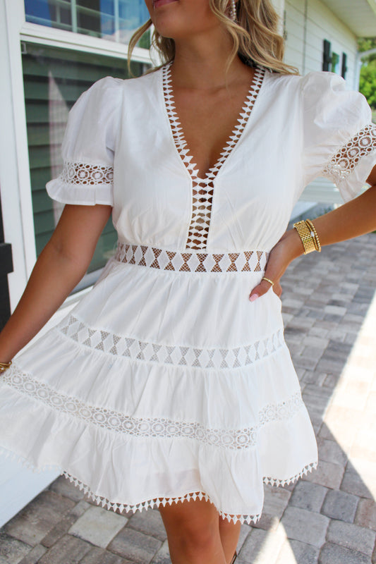 Belle Lace Tiered Mini Dress- Off White