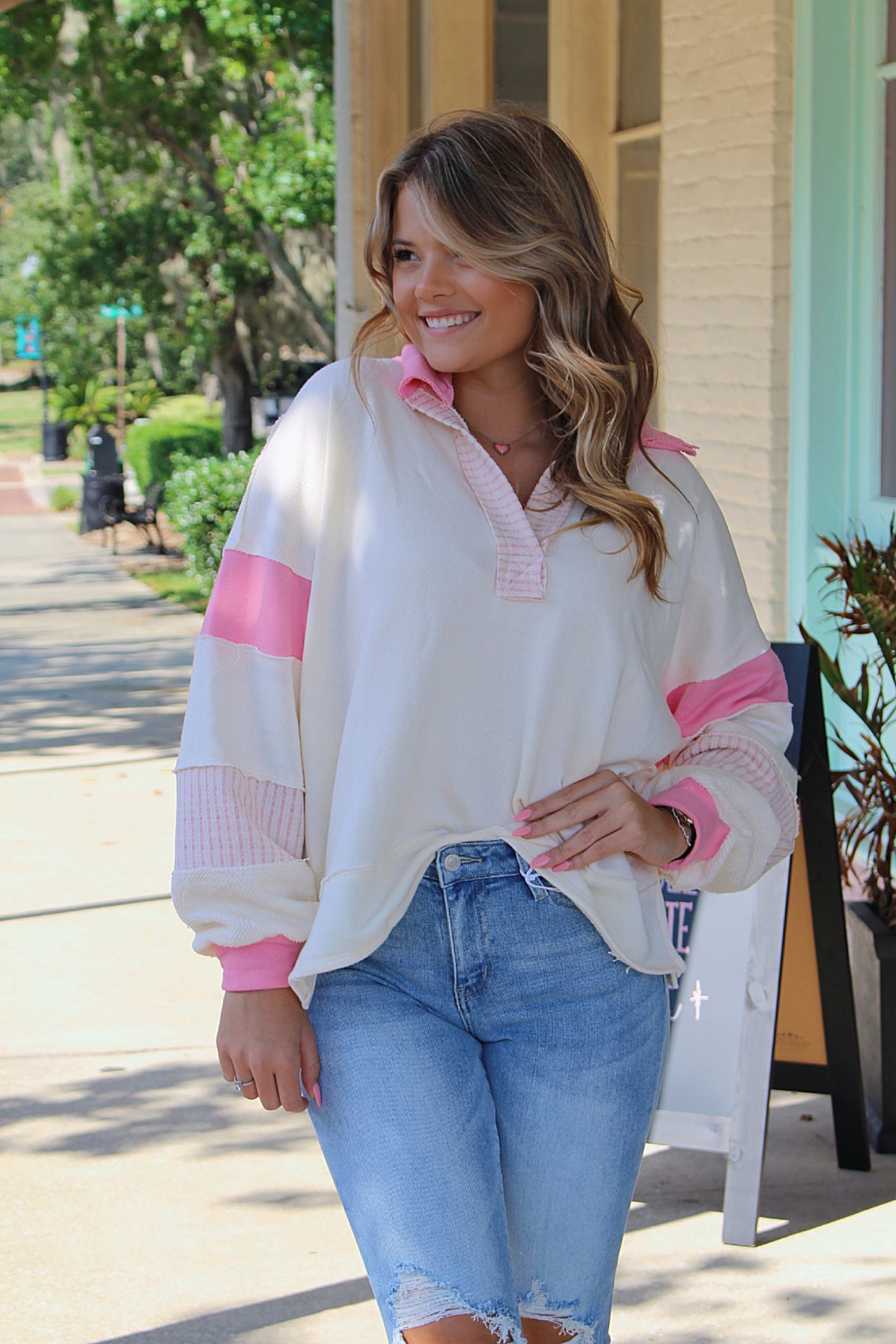 Anna Loose Fitted Sweater-Pink/Ivory