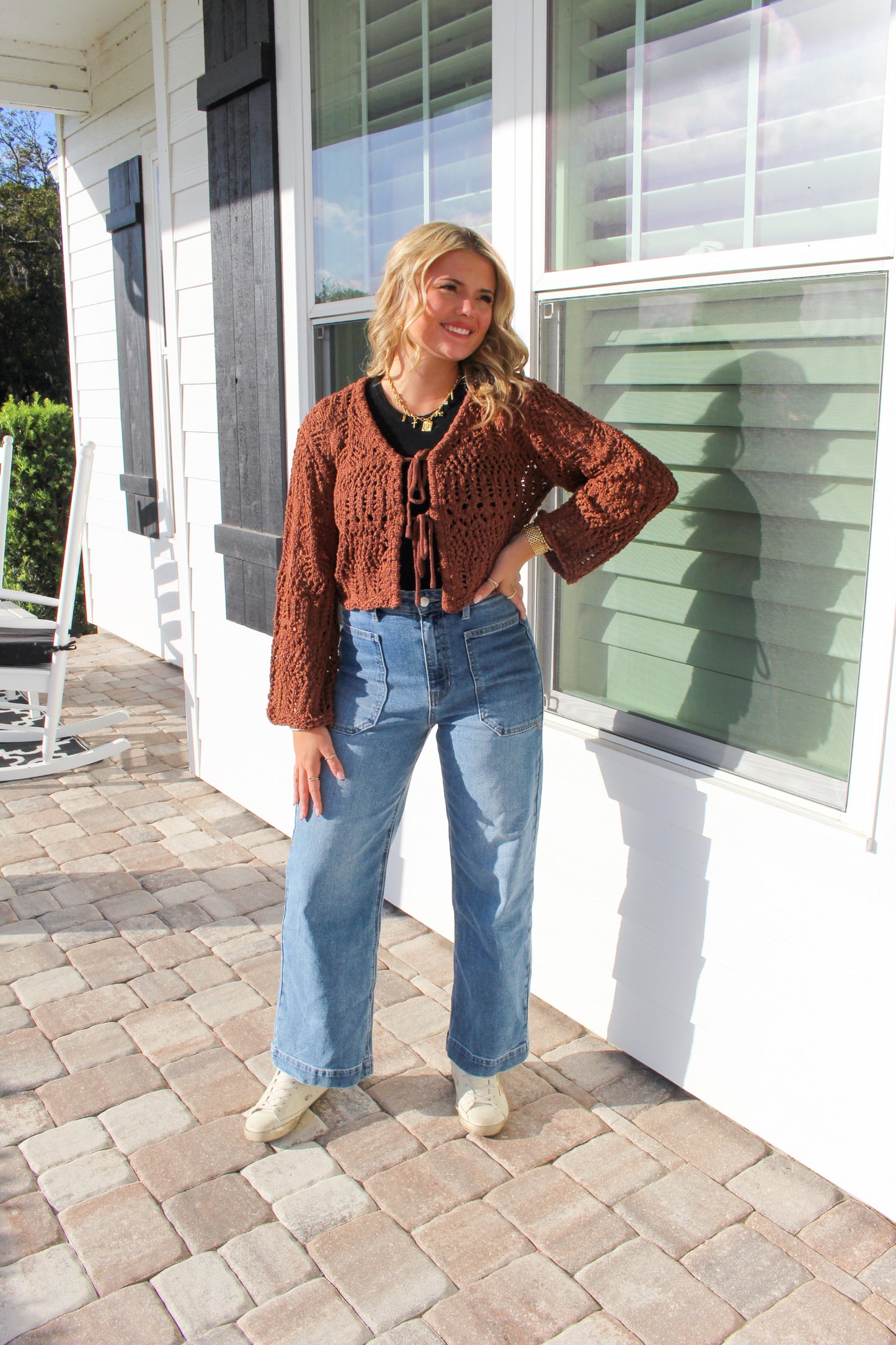 Haley Front Tie Crochet Top- Brown