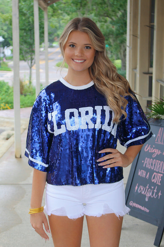 Game Day FLORIDA Sequin Top- Blue/White