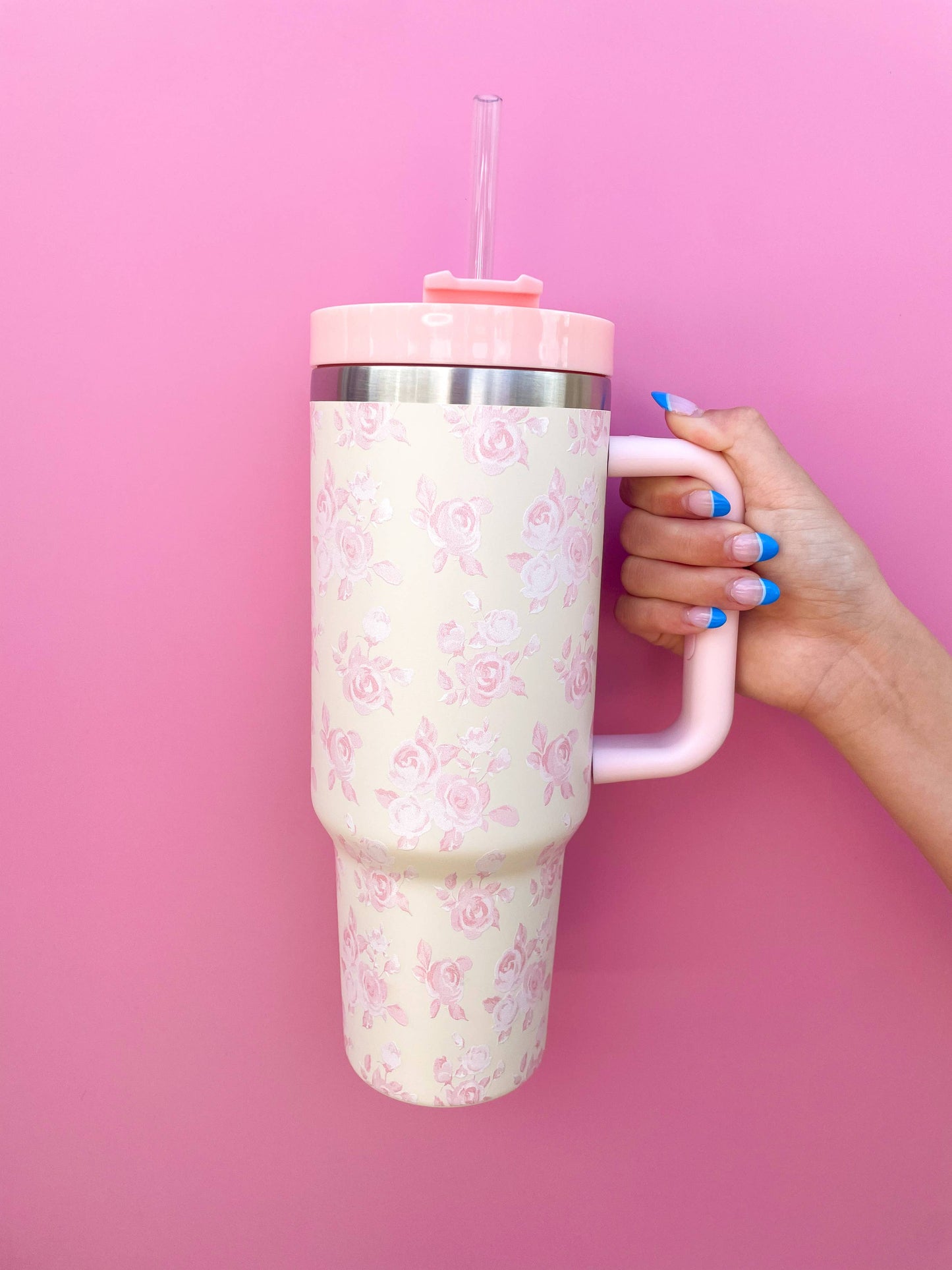 40oz Tumbler- Cream & Pink Floral