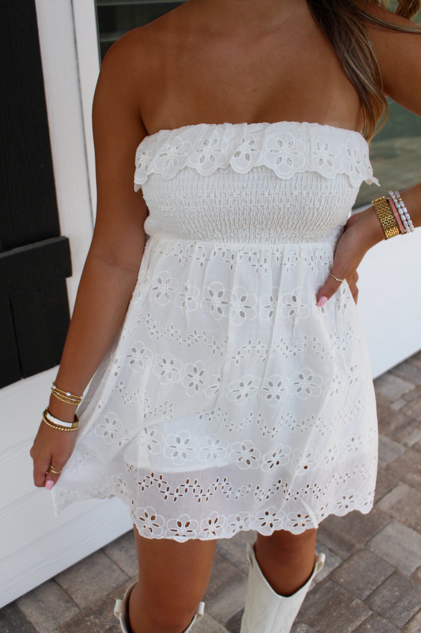 Pure Perfection Smocked Lace Dress- White