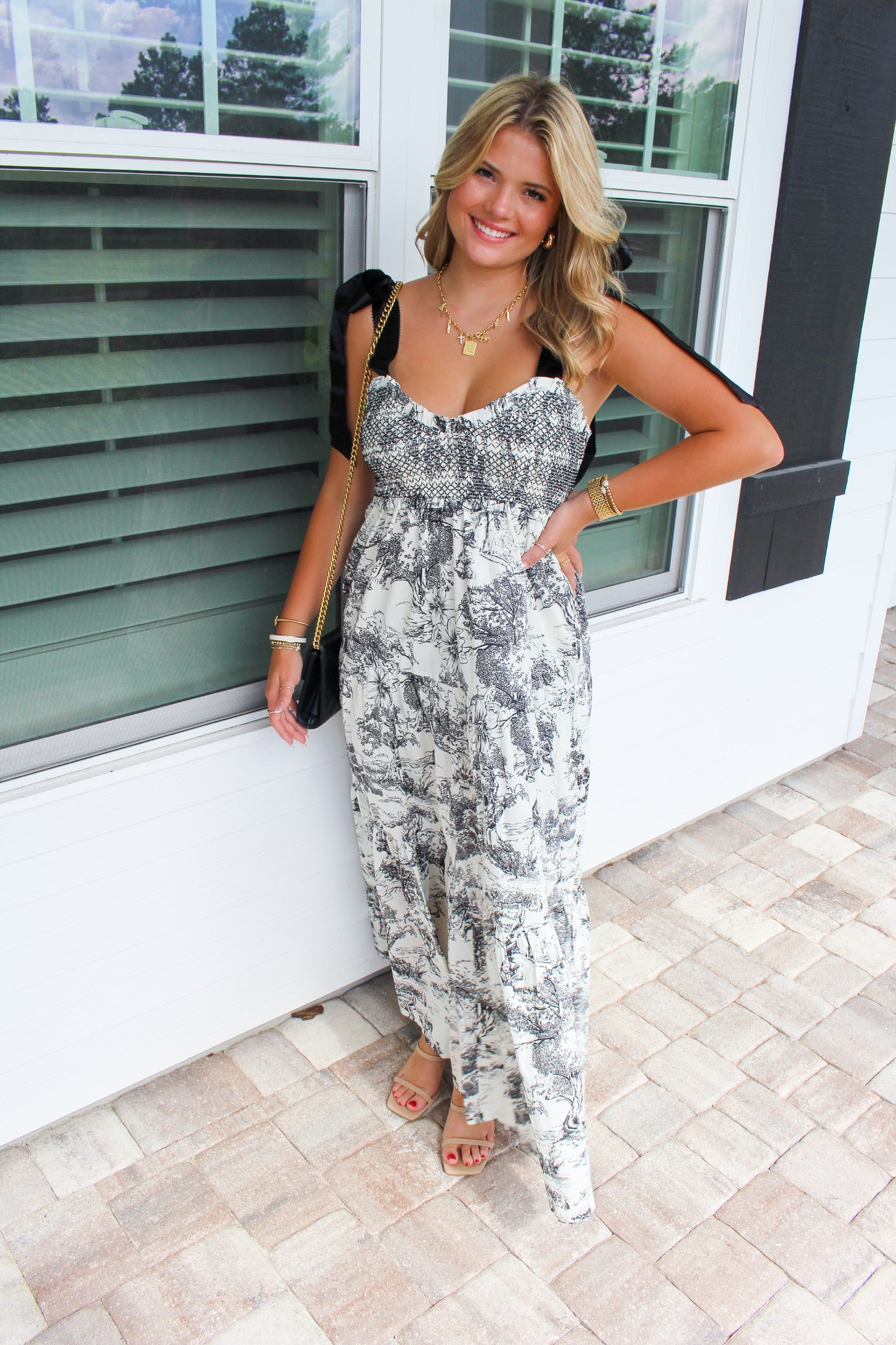 Alexis Smocked Maxi Dress- White/Black