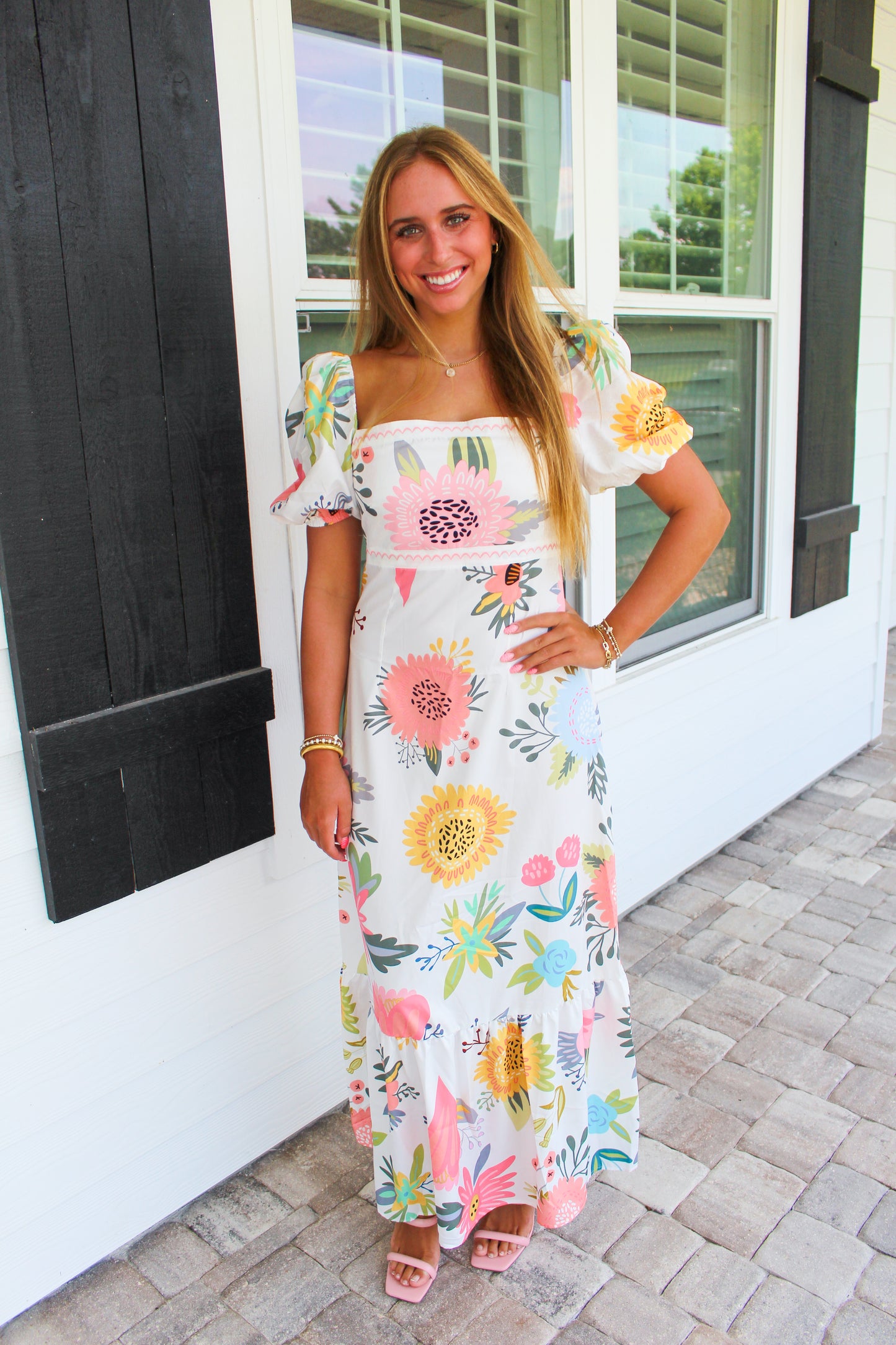 Coral Breeze Puff Sleeve Maxi Dress- Multi