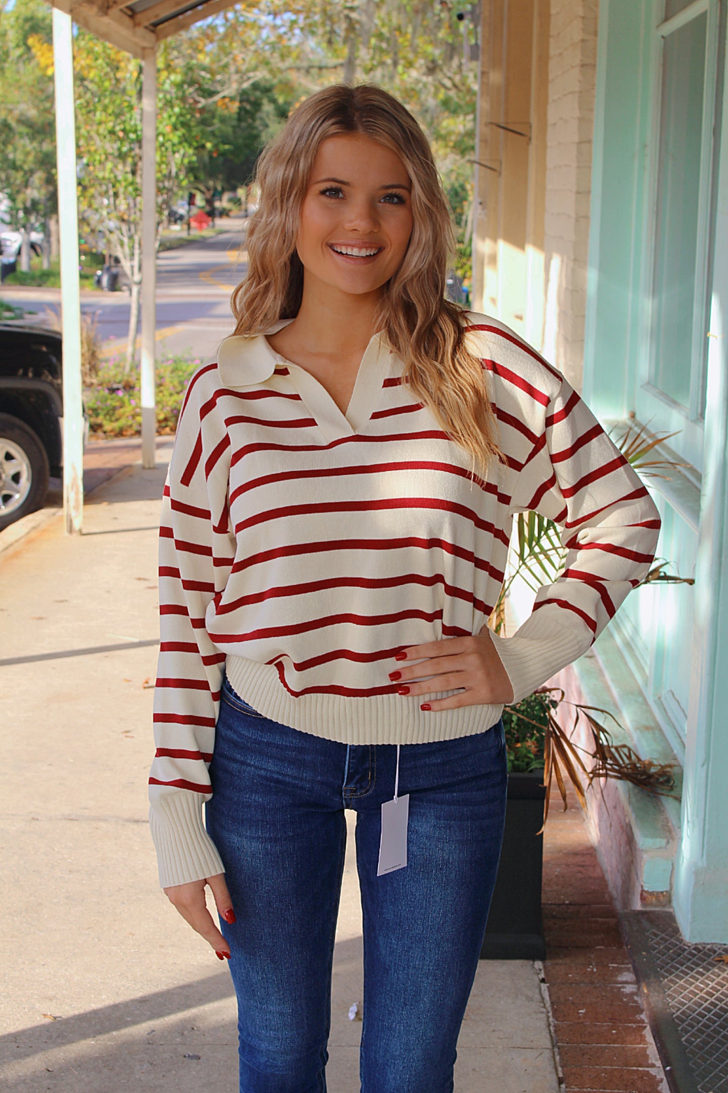 Striped Sweater Top- Red