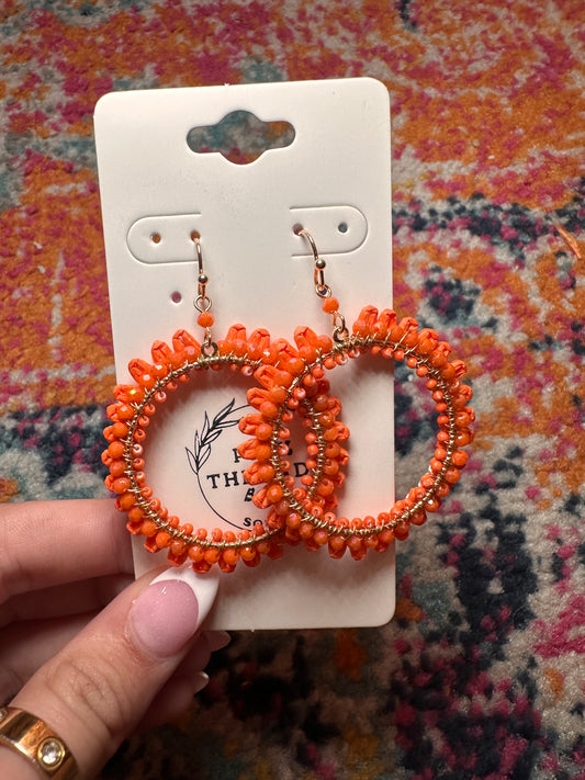 Raffia Bead Round Dangle Earring- Orange