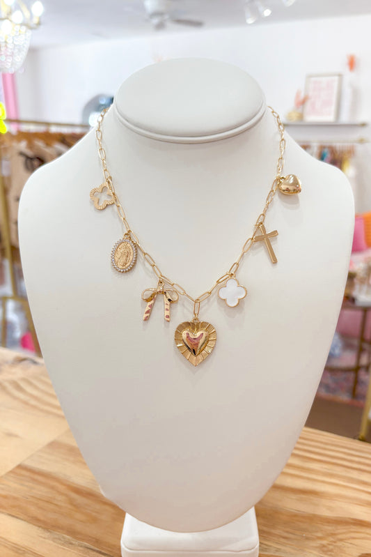 Large Heart Multi Charm Necklace- Gold