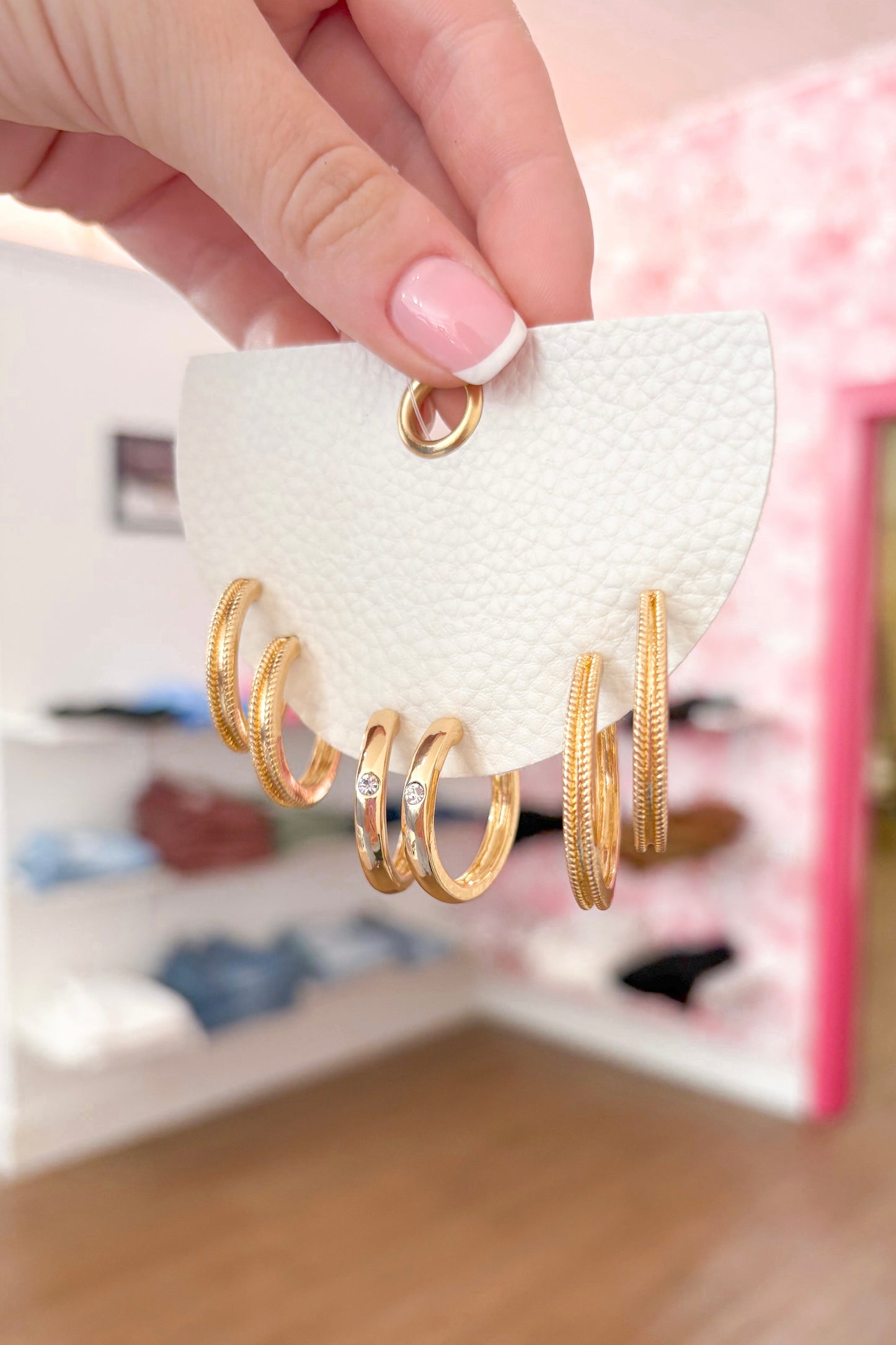 Flat Textured Hoop Earrings Set- Gold