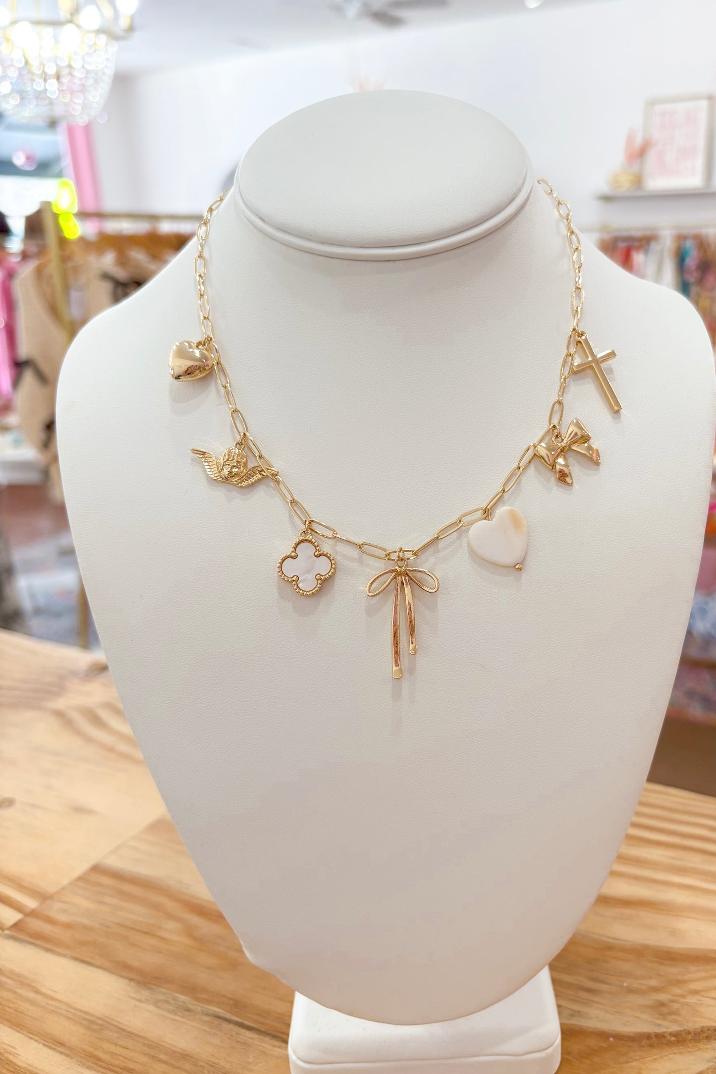 Bow Multi Chunky Charm Necklace- Gold