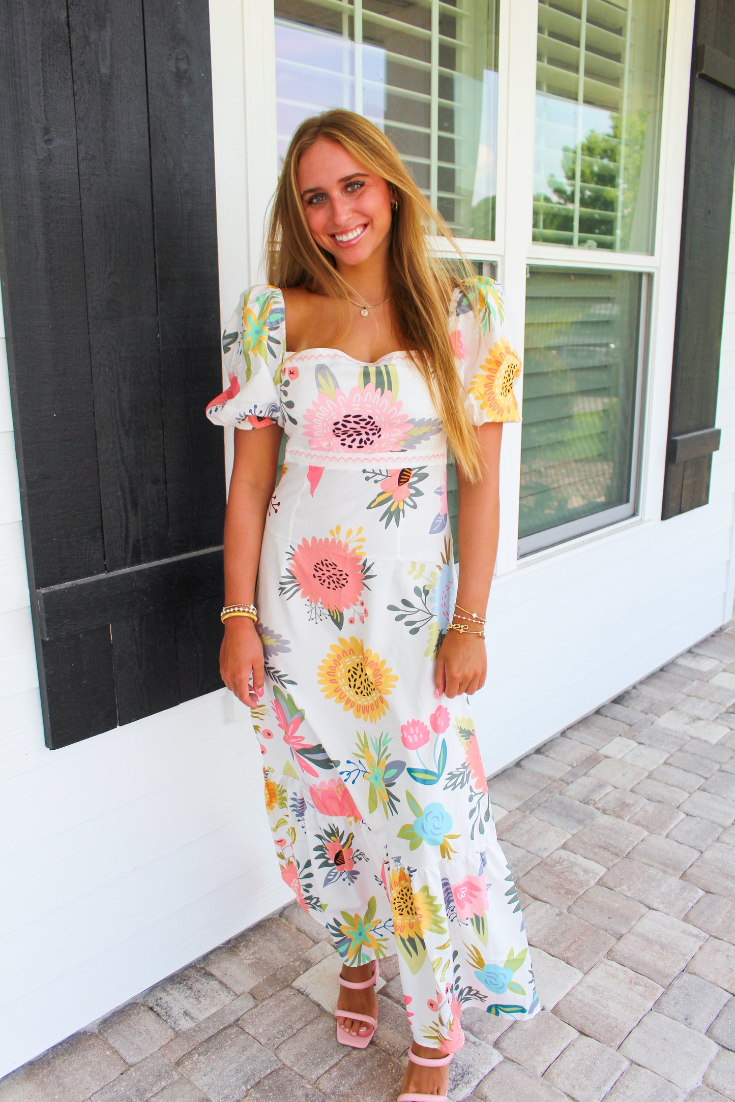 Coral Breeze Puff Sleeve Maxi Dress- Multi