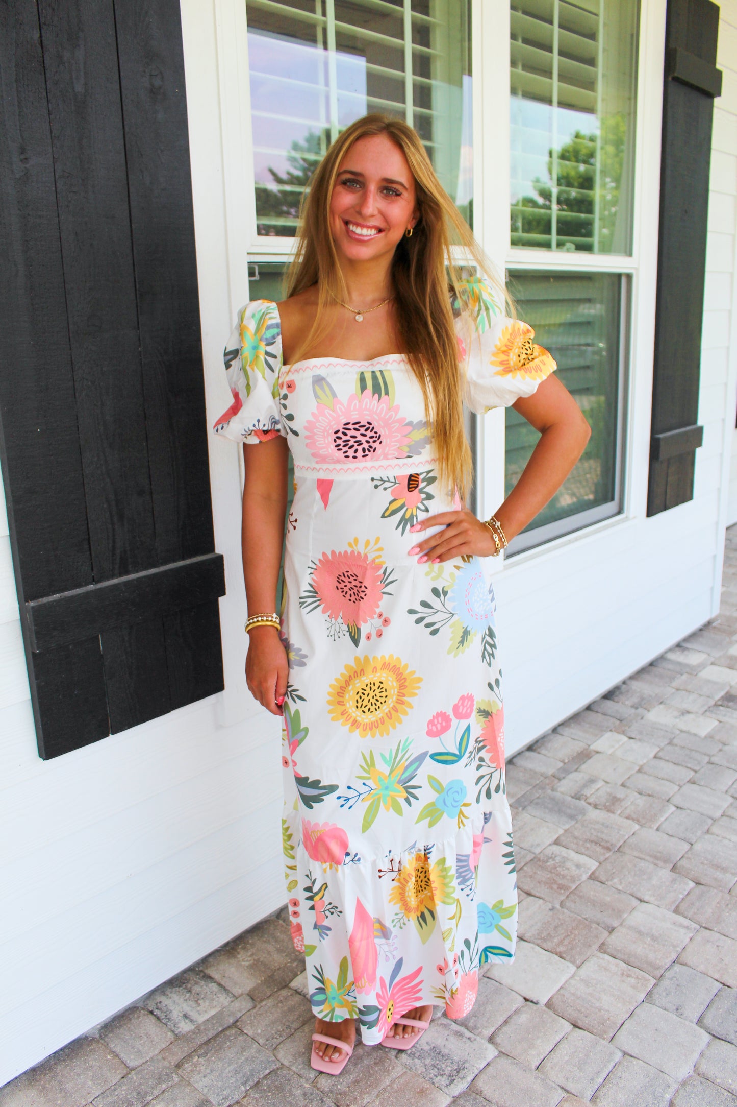 Coral Breeze Puff Sleeve Maxi Dress- Multi