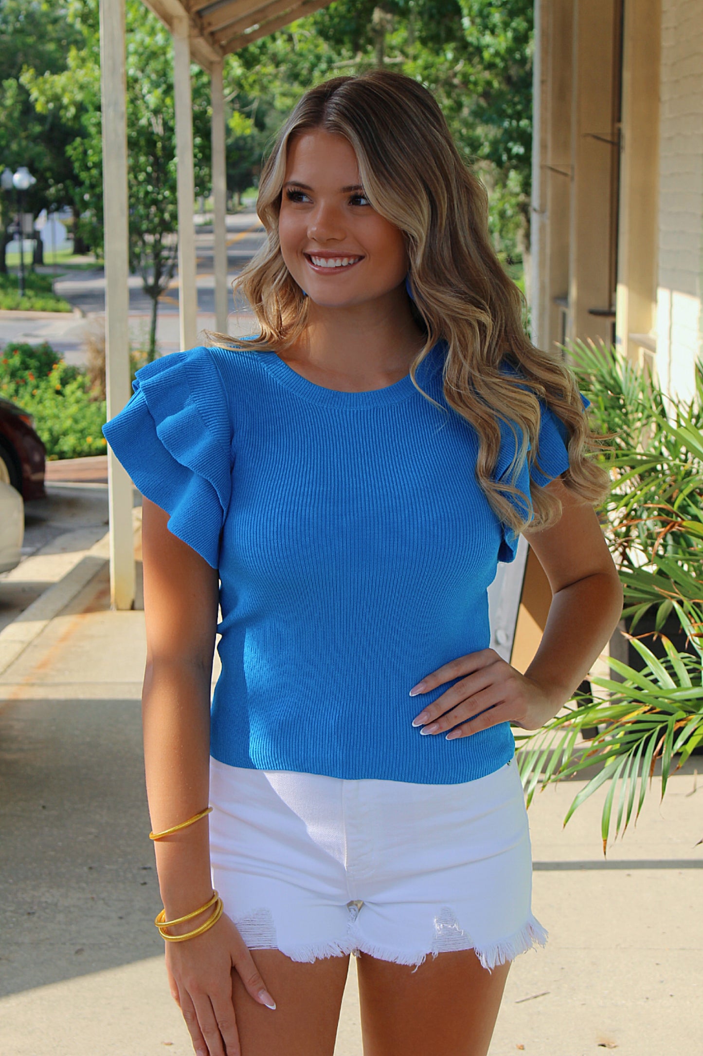 Jackie Ruffled Knit Top- Bright Blue