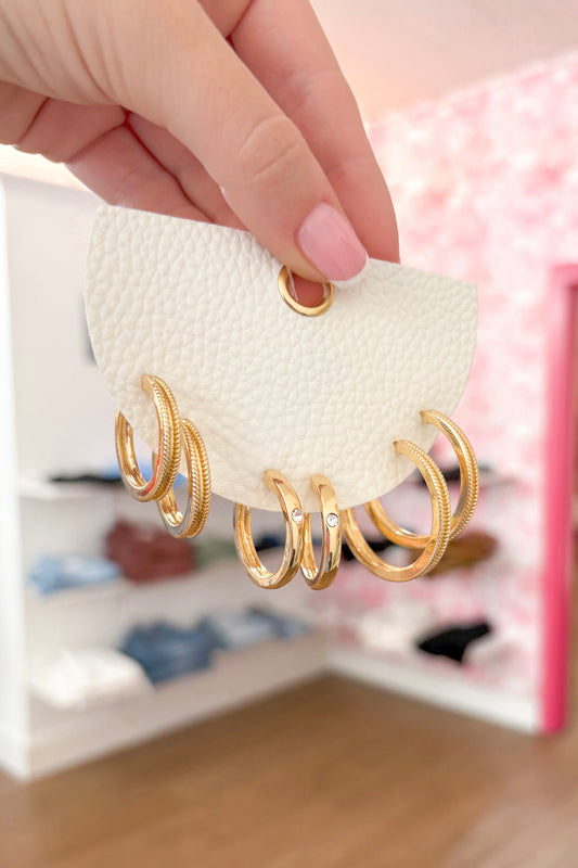 Flat Textured Hoop Earrings Set- Gold