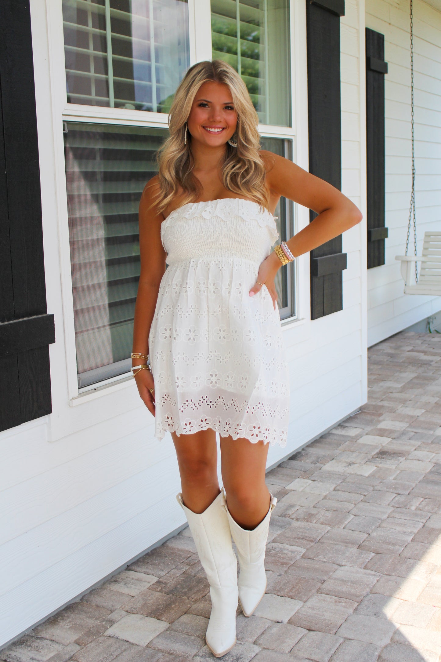 Pure Perfection Smocked Lace Dress- White