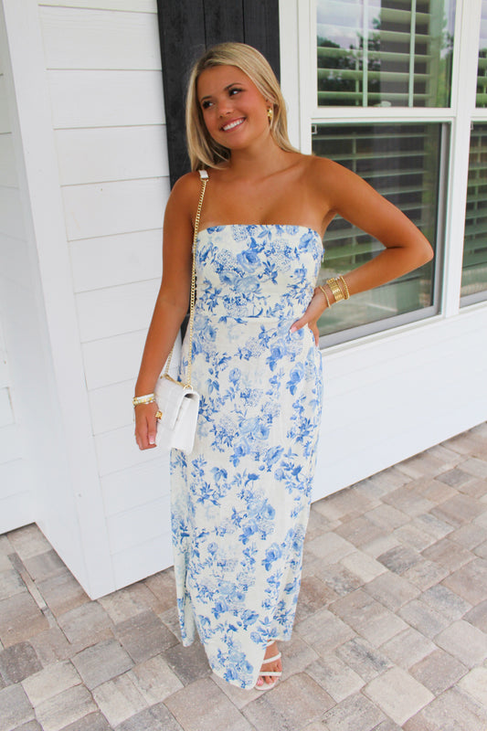 Seaside Dreamer Strapless Dress- Blue/Ivory