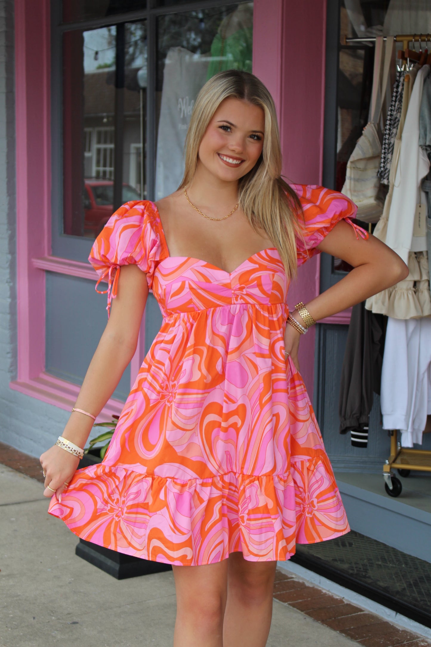 Full Of Color Vibrant Puff Sleeve Dress- Pink/Orange