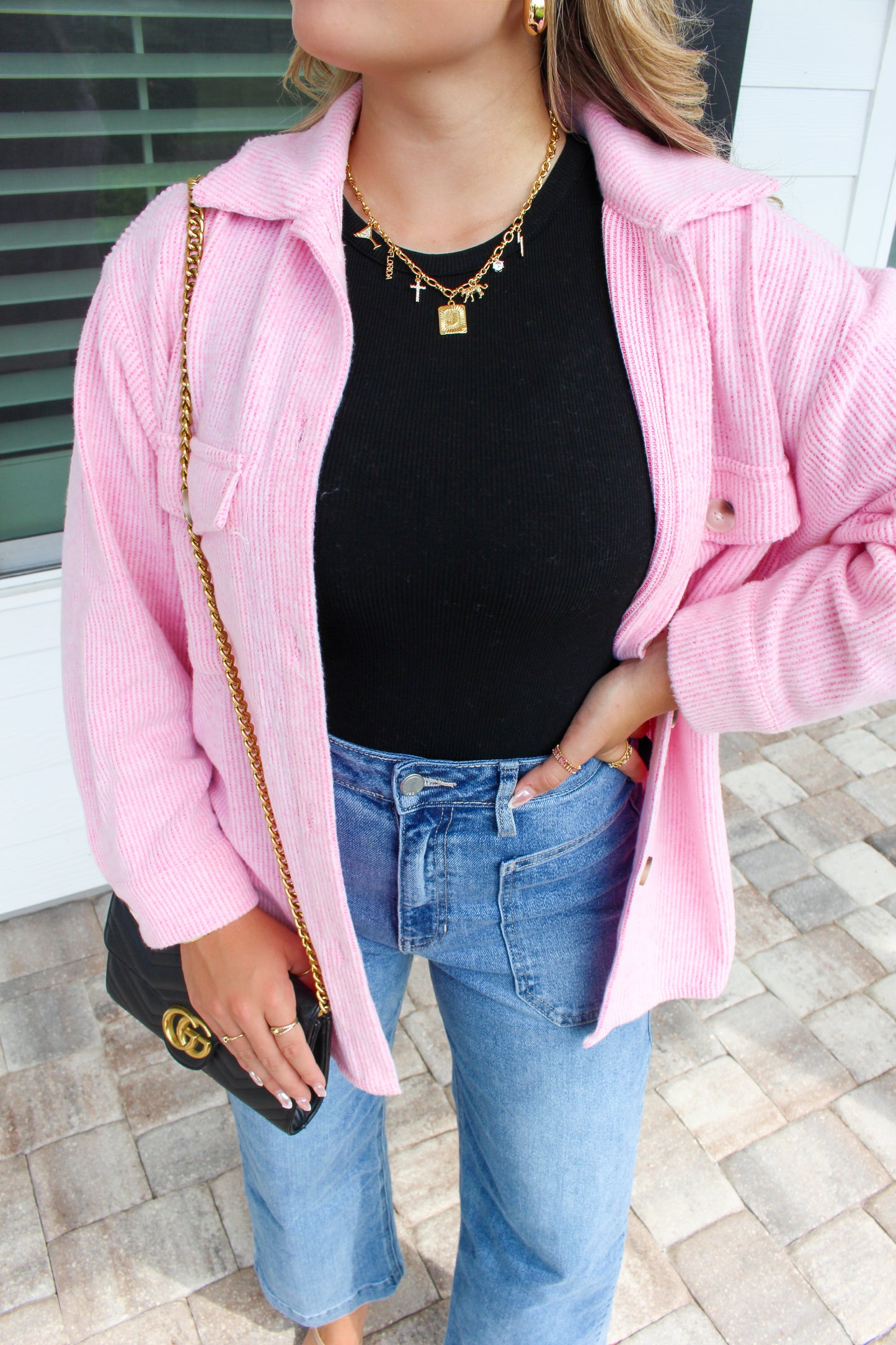 Button Down Cozy Waffle Oversized Shacket- Pink