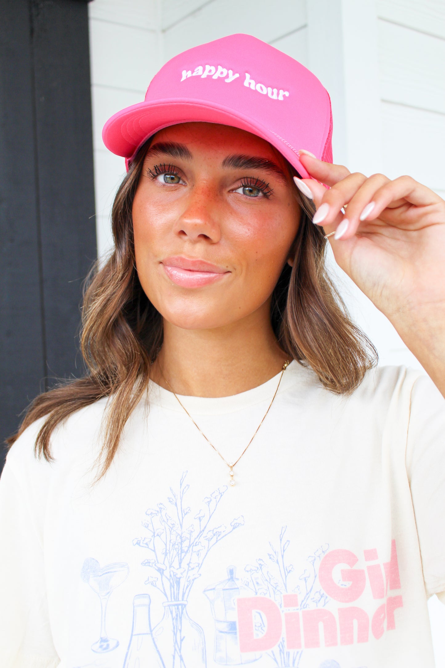 Happy Hour Trucker Hat- Hot Pink