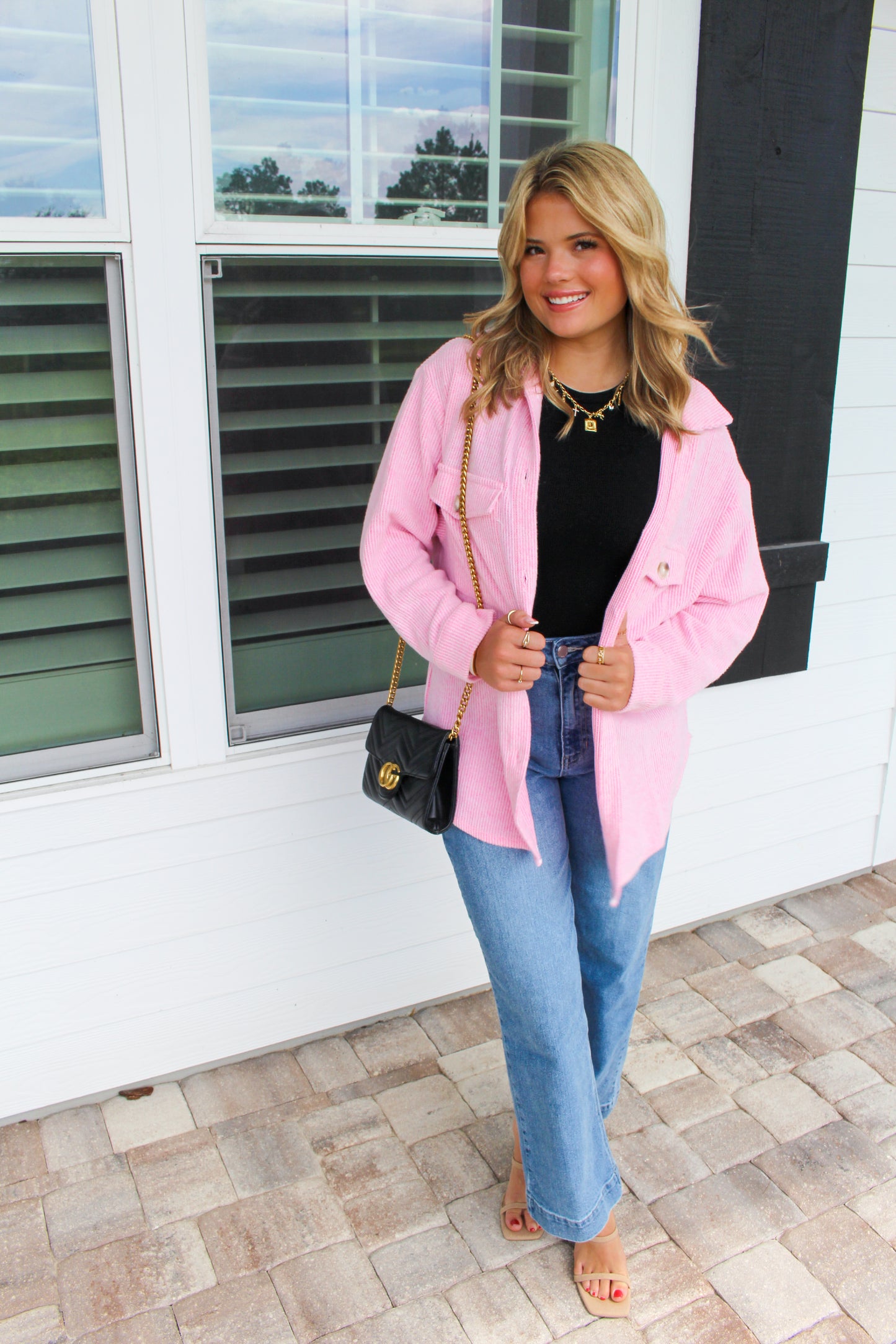 Button Down Cozy Waffle Oversized Shacket- Pink