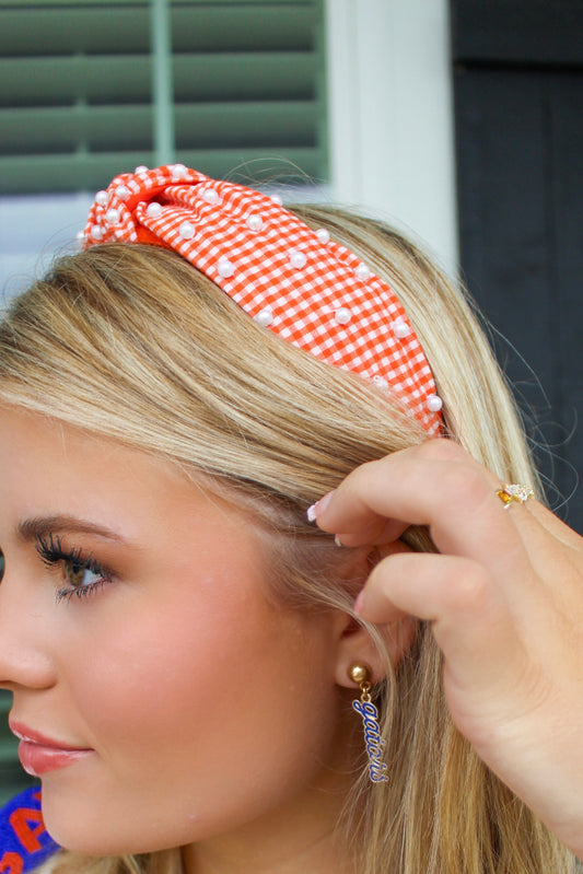 Beaded Headband- Orange Gingham and Pearls