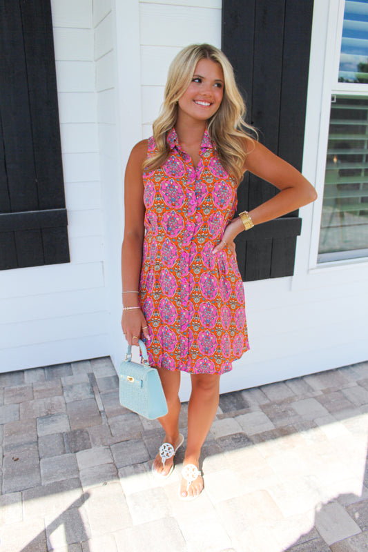 Sweet Serenade Button Down Dress- Pink Multi