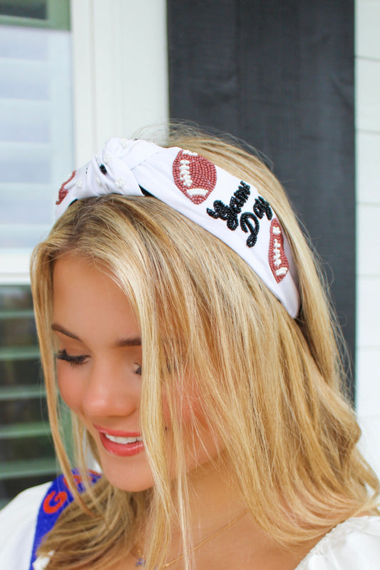 Game Day Beaded Headband- White