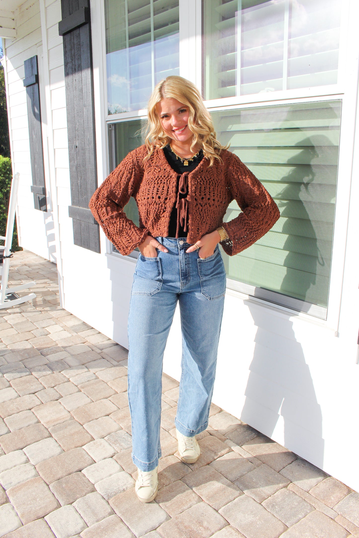 Haley Front Tie Crochet Top- Brown