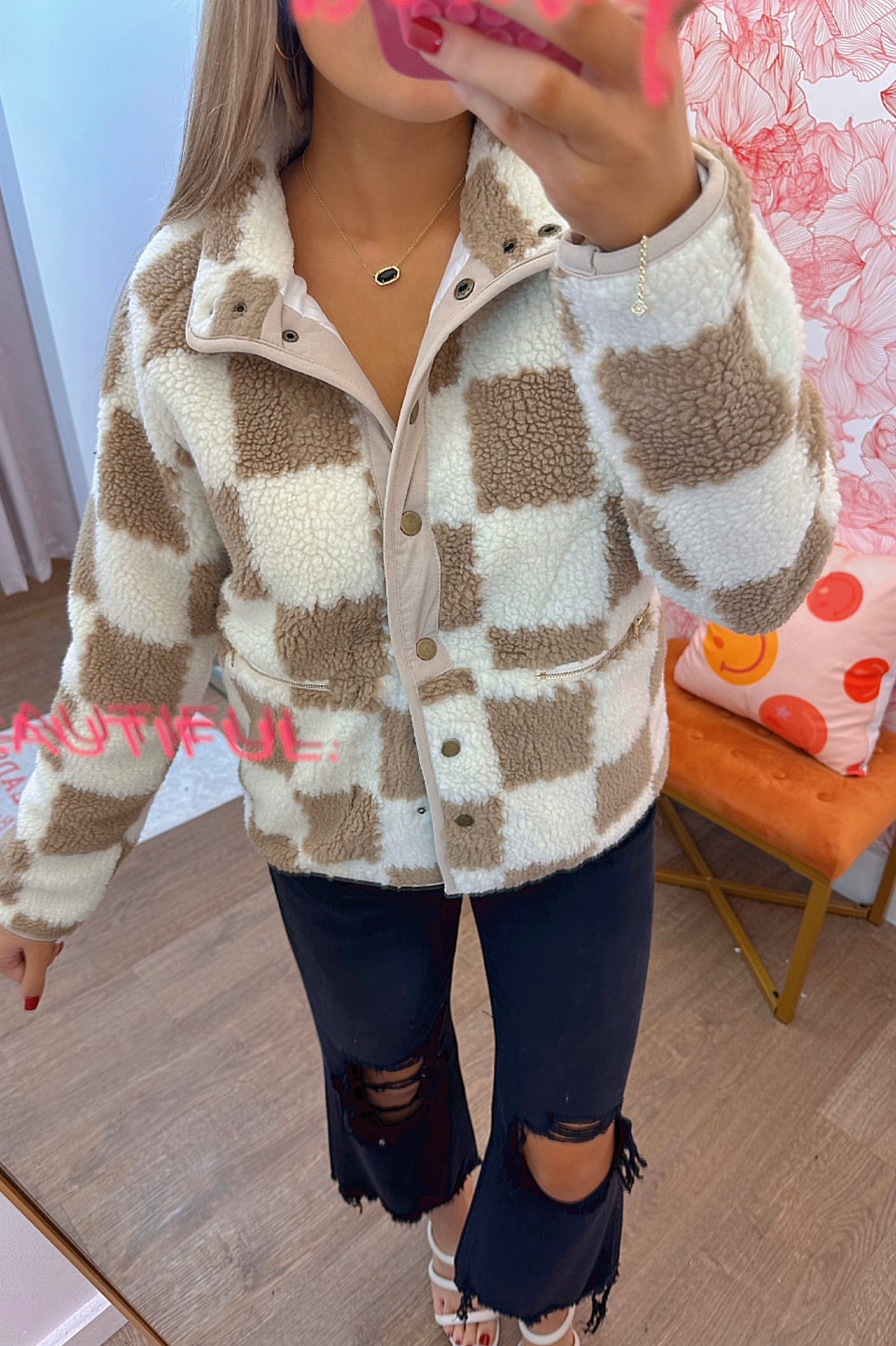 Checkered Sherpa Button Up Jacket- Brown/White
