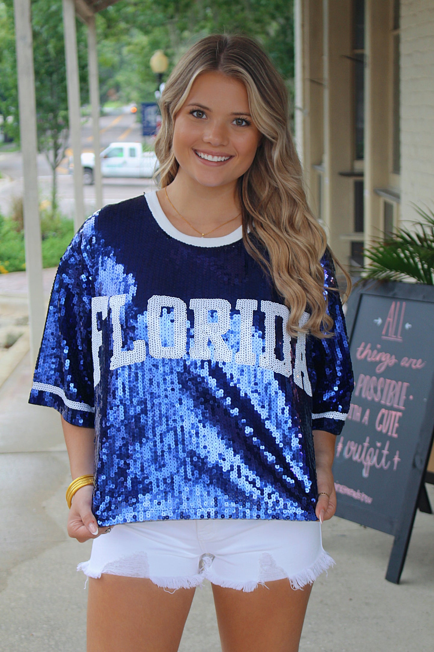 Game Day FLORIDA Sequin Top- Blue/White