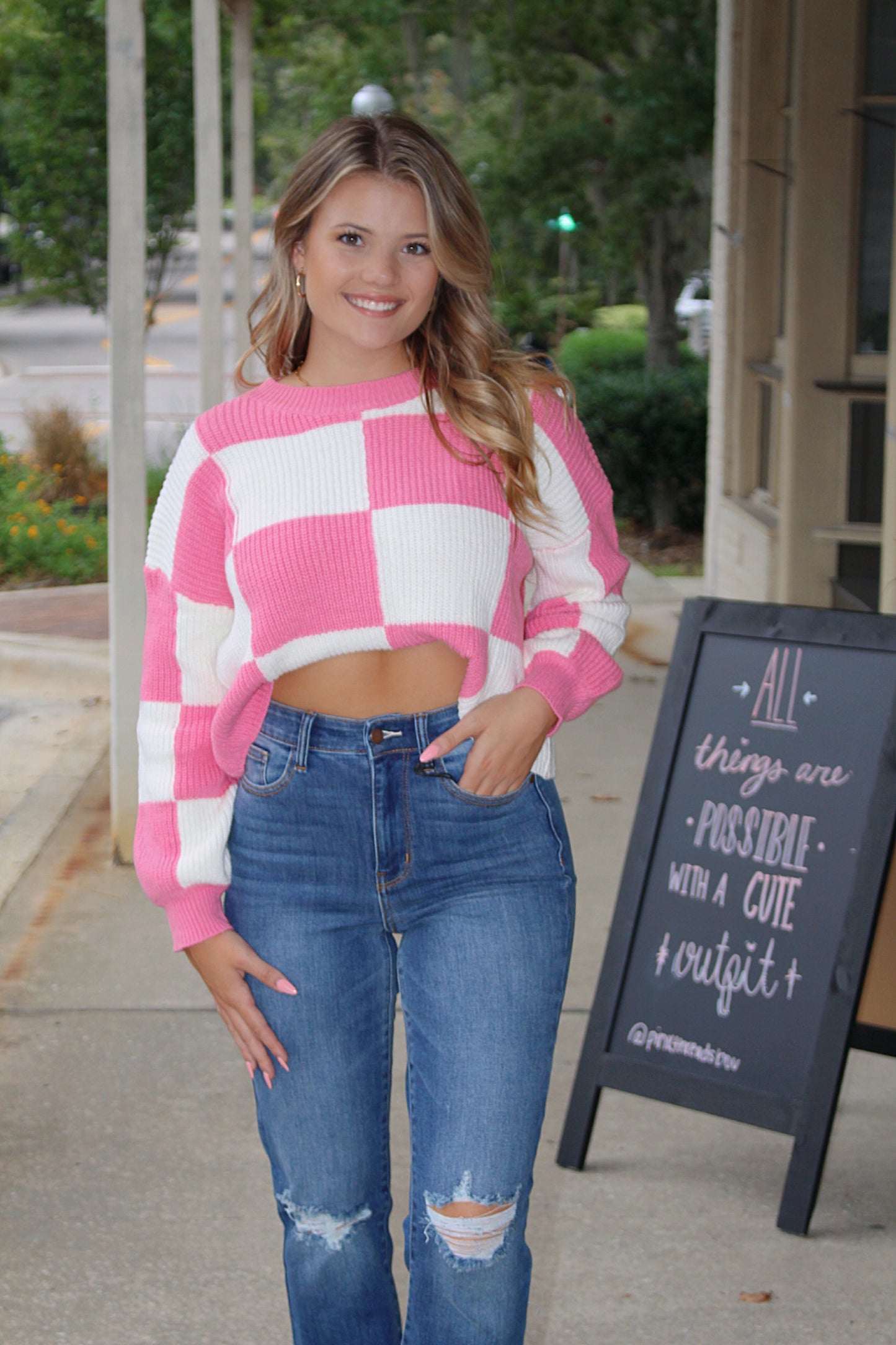 Color Block Comfort Sweater- Pink/White