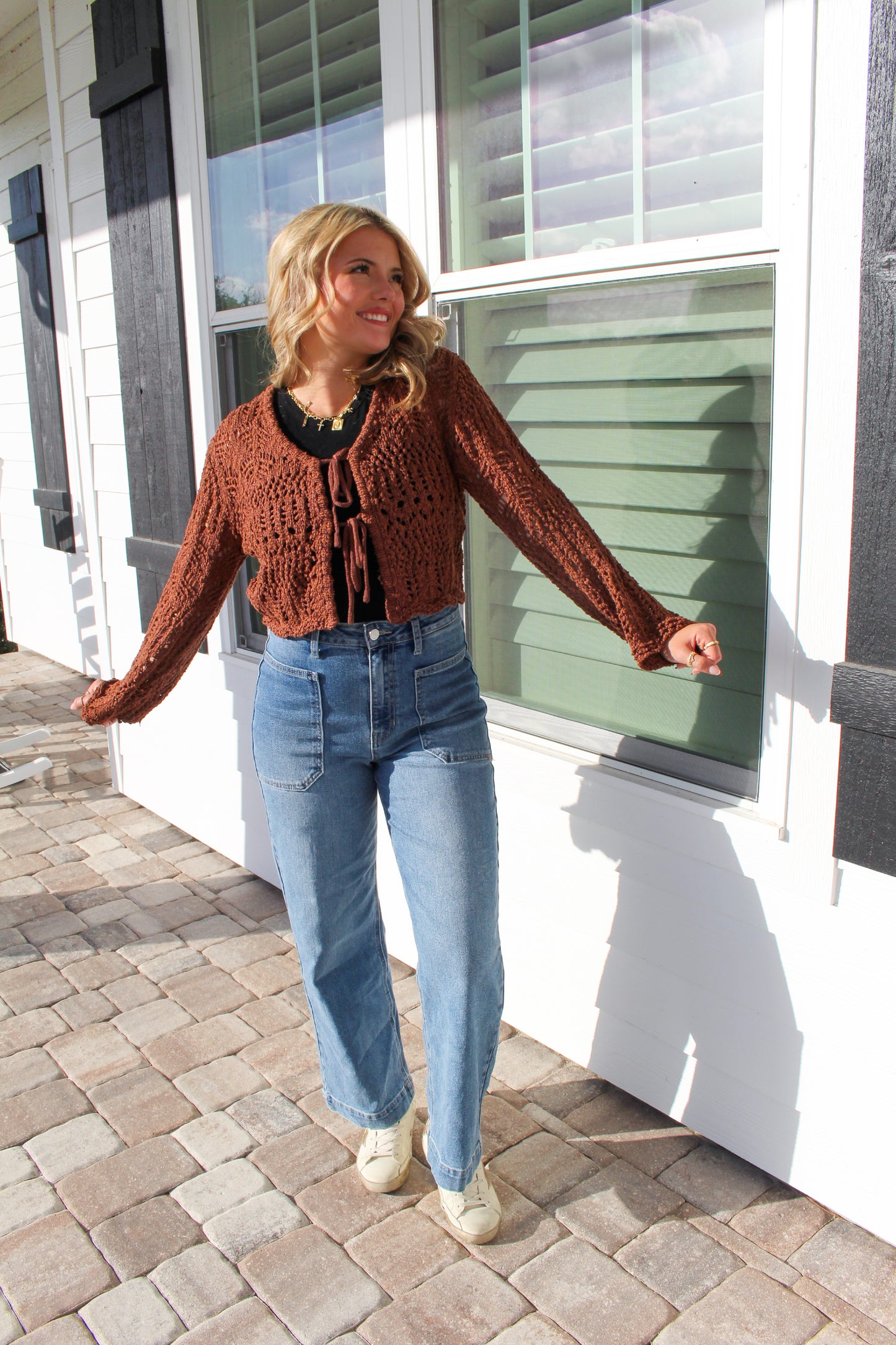 Haley Front Tie Crochet Top- Brown