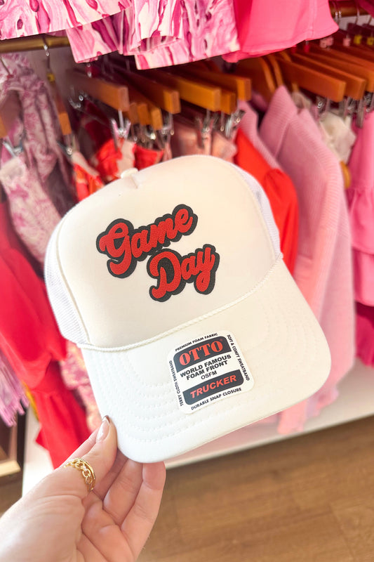 Red Game Day (Puffy Script) - White Trucker