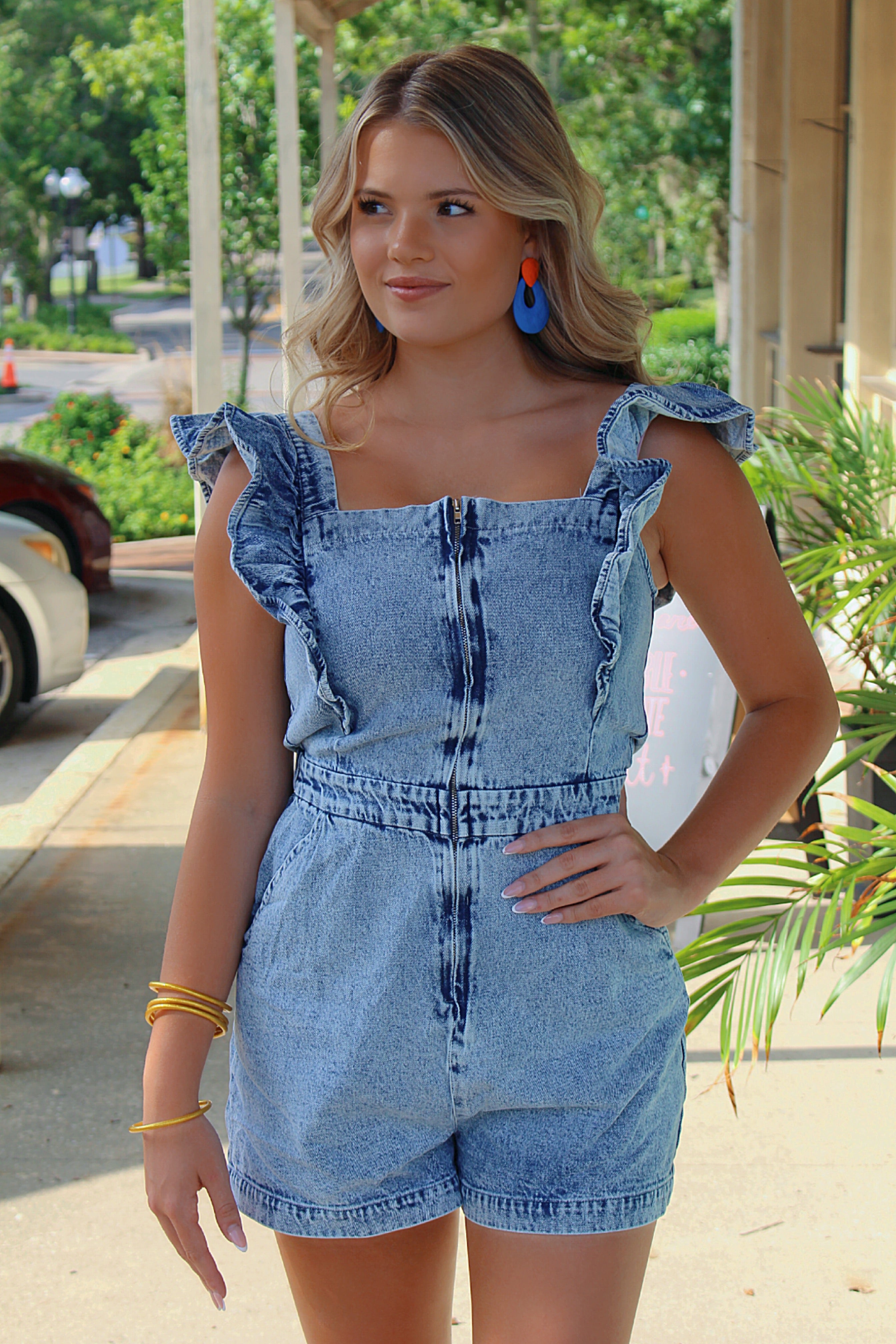 Denim shop ruffle romper