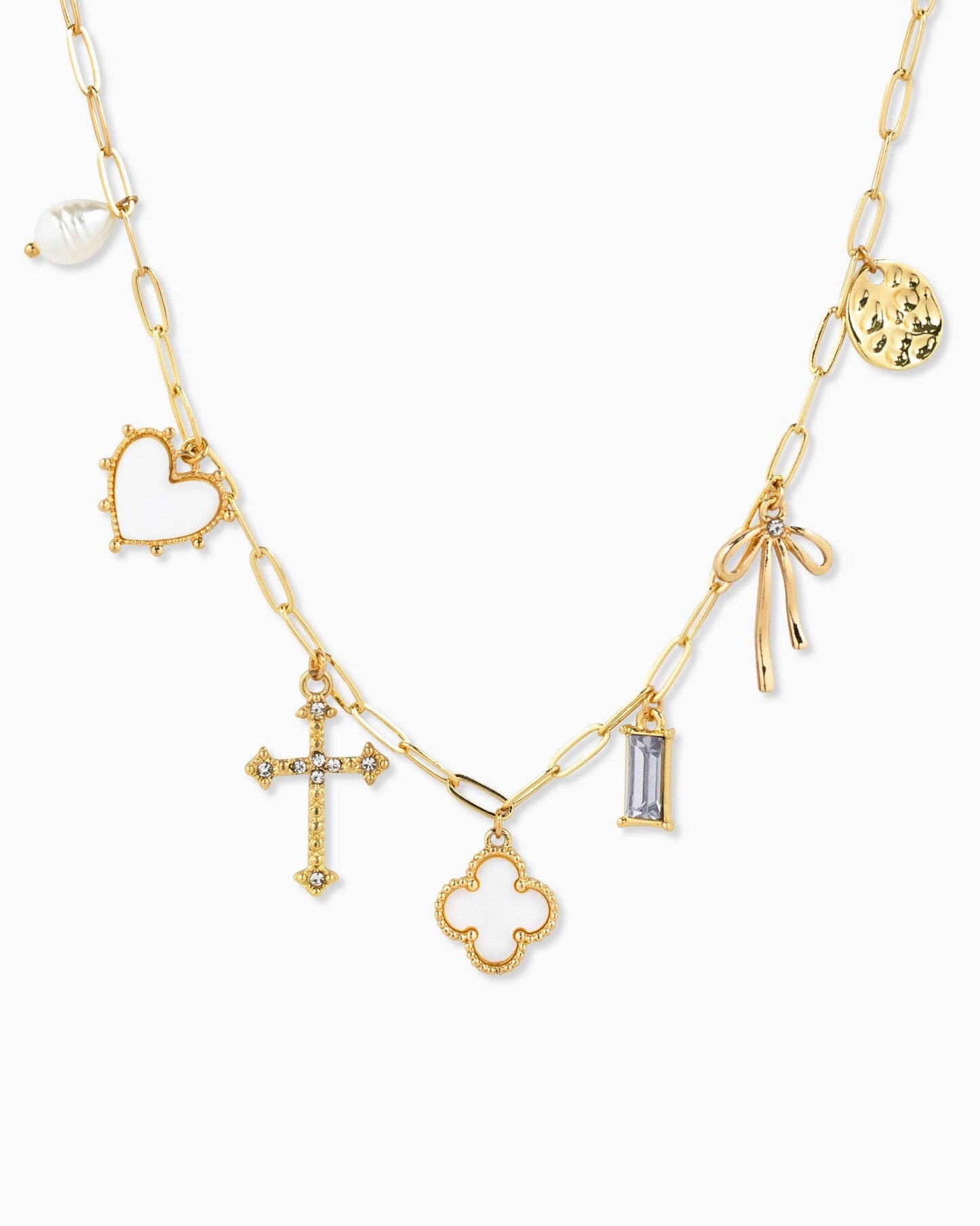 Rhinestone Clover Multi Charm Necklace- Gold