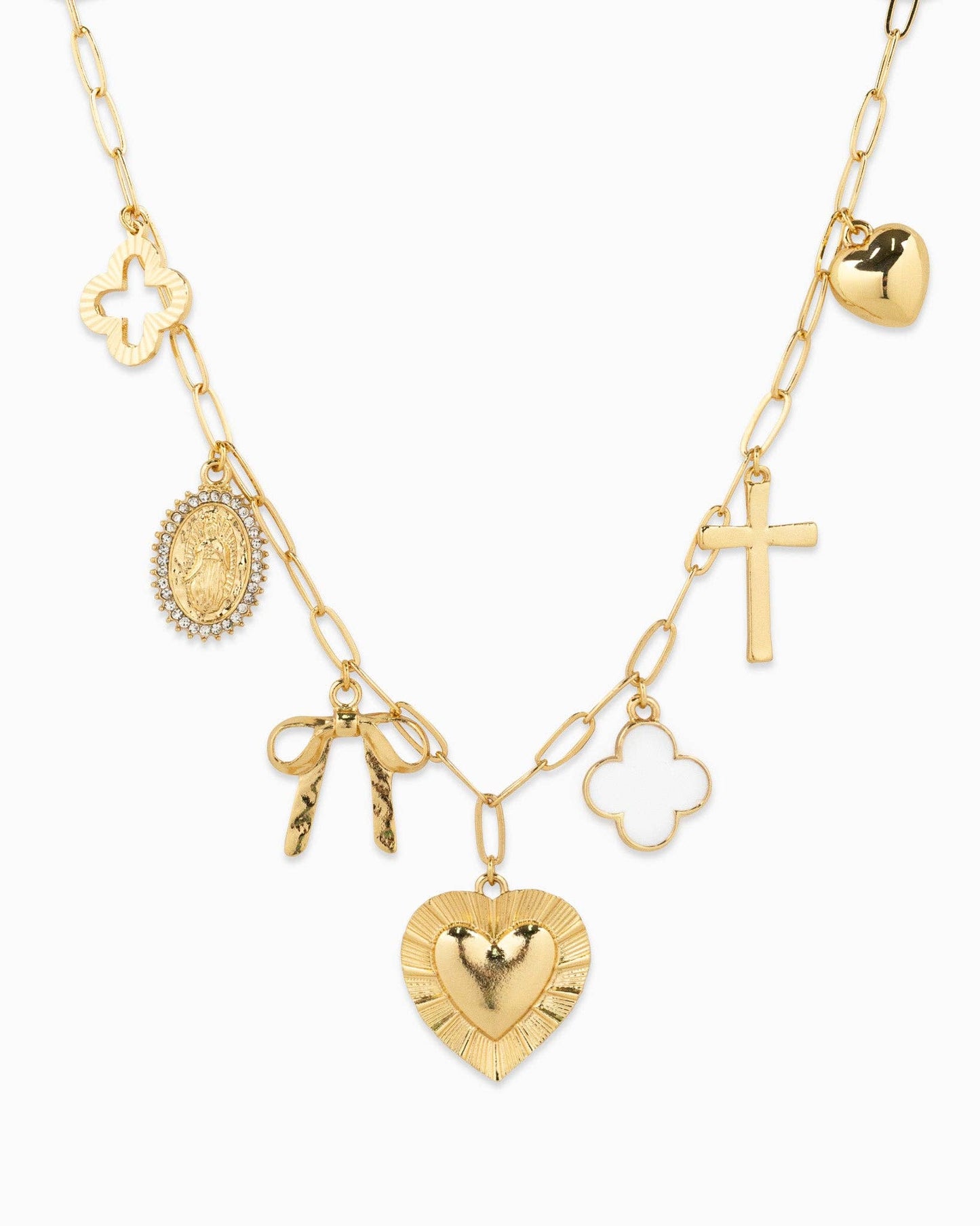 Large Heart Multi Charm Necklace- Gold