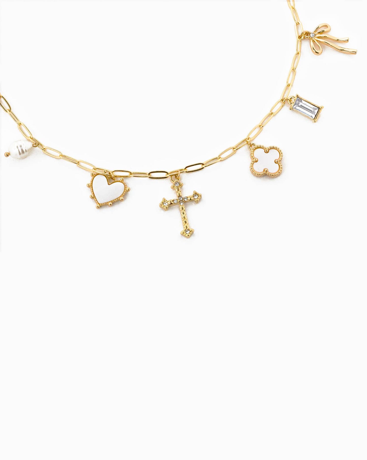 Rhinestone Clover Multi Charm Necklace- Gold