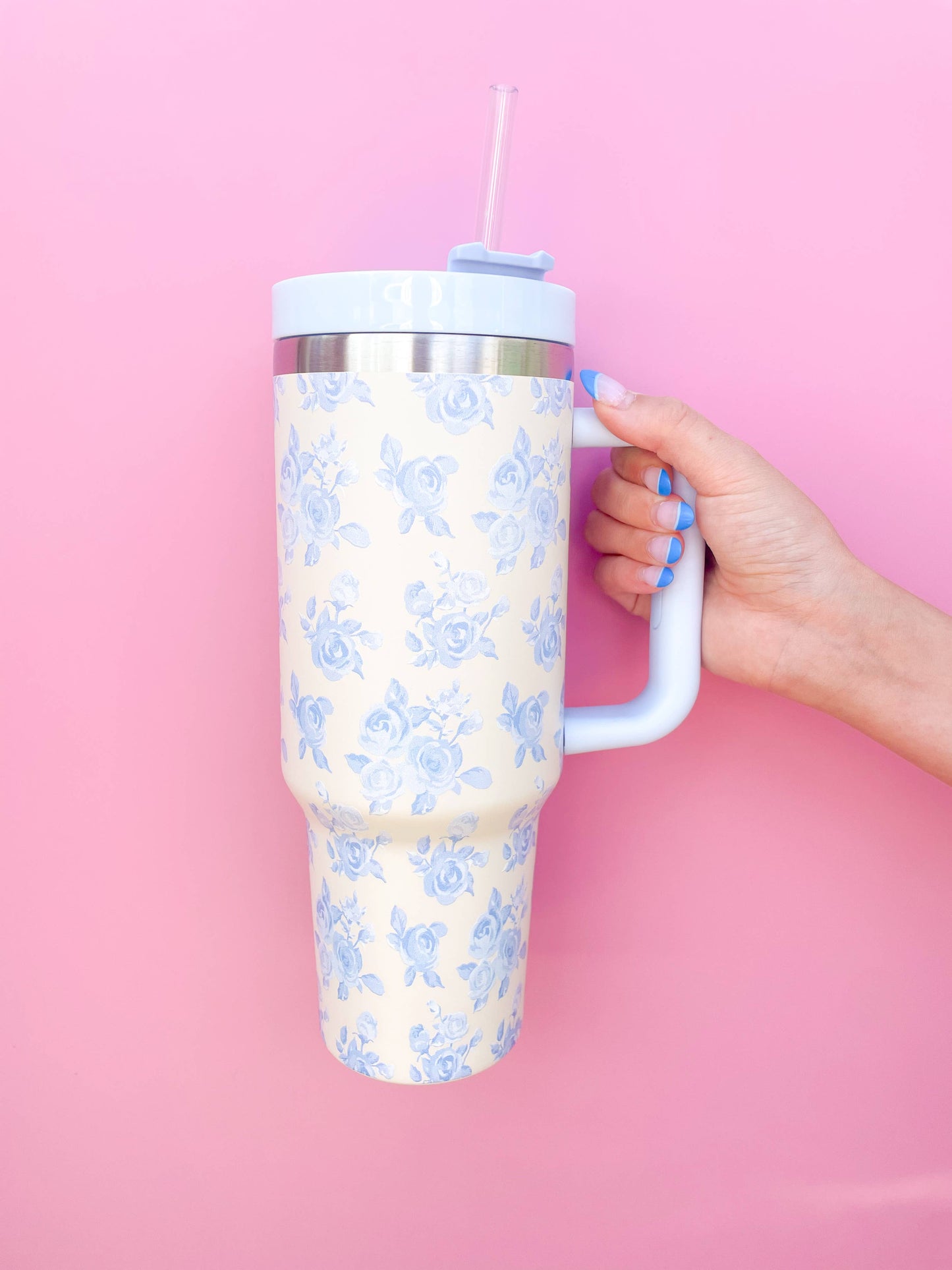 40oz Tumbler- Cream & Blue Floral